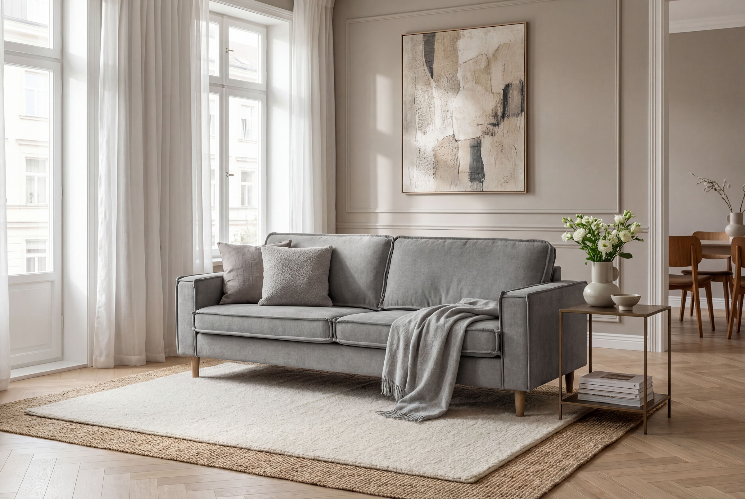 OTTO home 3-Sitzer "Pinto Skandi,Maxi-Ausführung, 236 cm, Chenille, Struktur" mit Keder, Massivholzfüße Eiche geräuchert, Wellenunterfederung