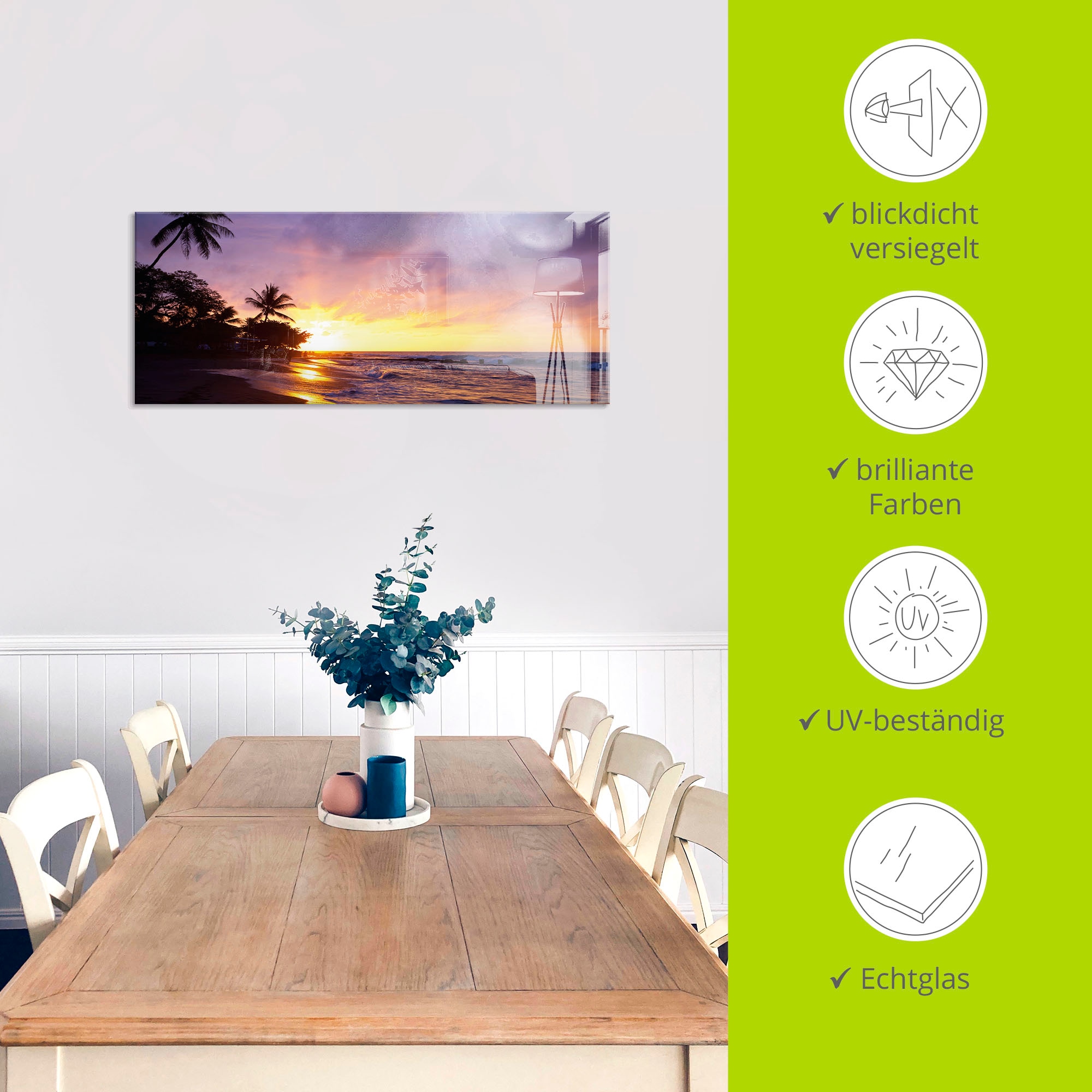 Artland Glasbild »Tropischer Strand«, Sonnenaufgang & -untergang, (1 St.), in verschiedenen Größen