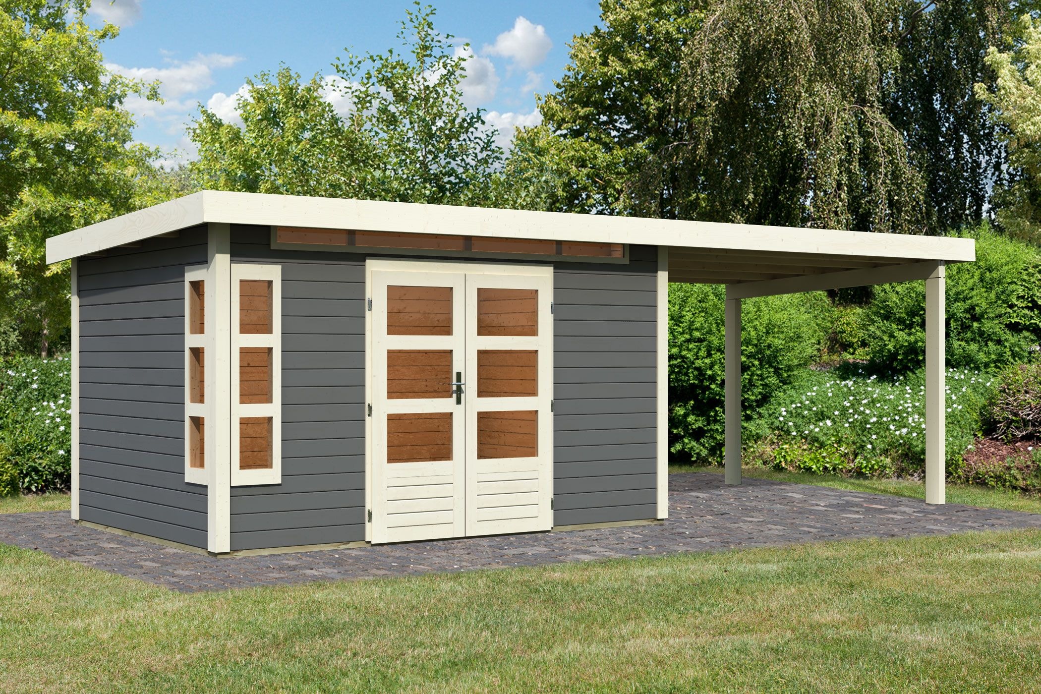 Karibu Gartenhaus "Kolimasee 7" mit Anbaudach 3,2 m, terragrau günstig online kaufen