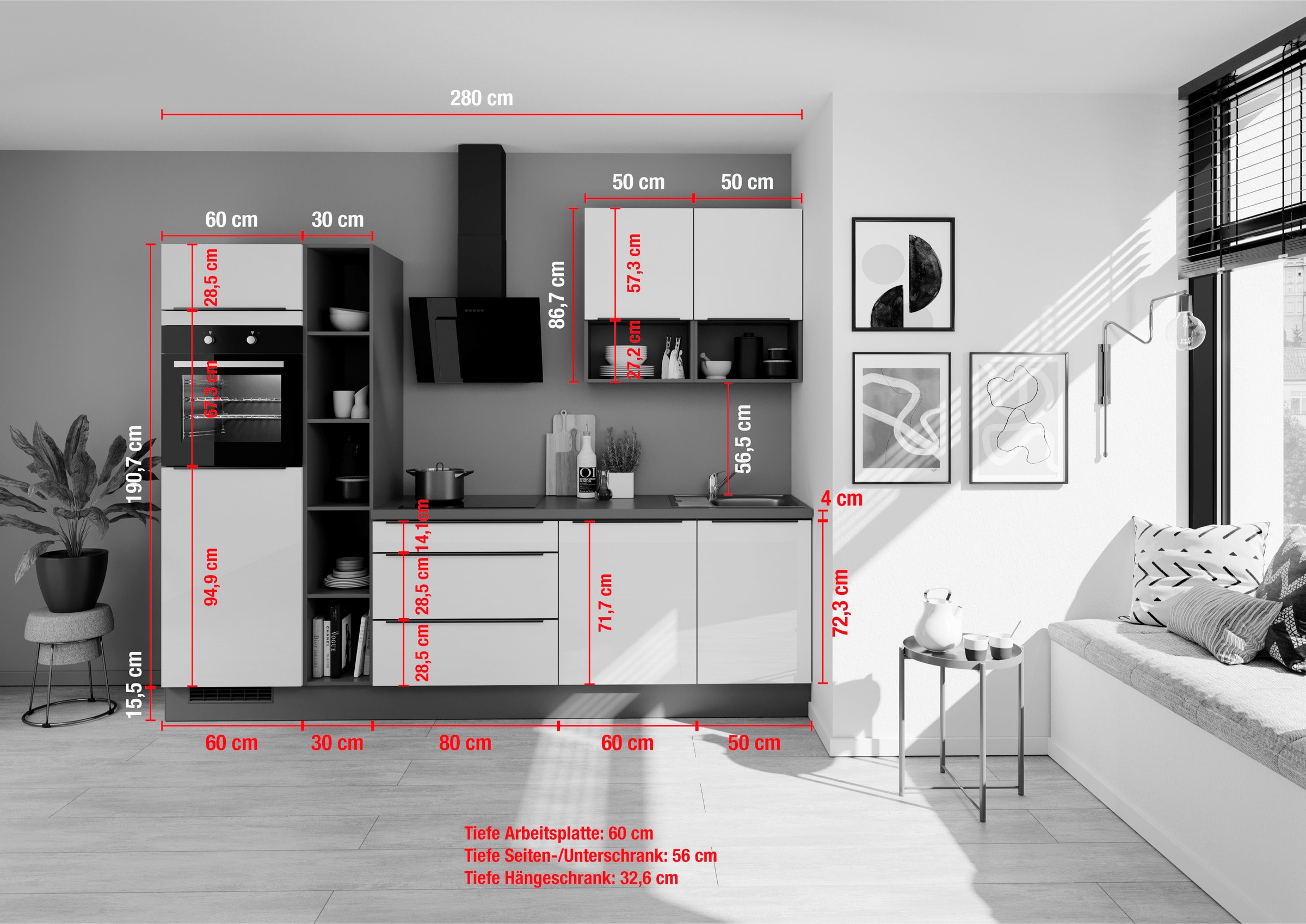 IMPULS KÜCHEN Küche »Madrid«, vormontiert, wahlweise mit E-Geräten, mit  Vollauszug, Breite 280 cm kaufen | BAUR