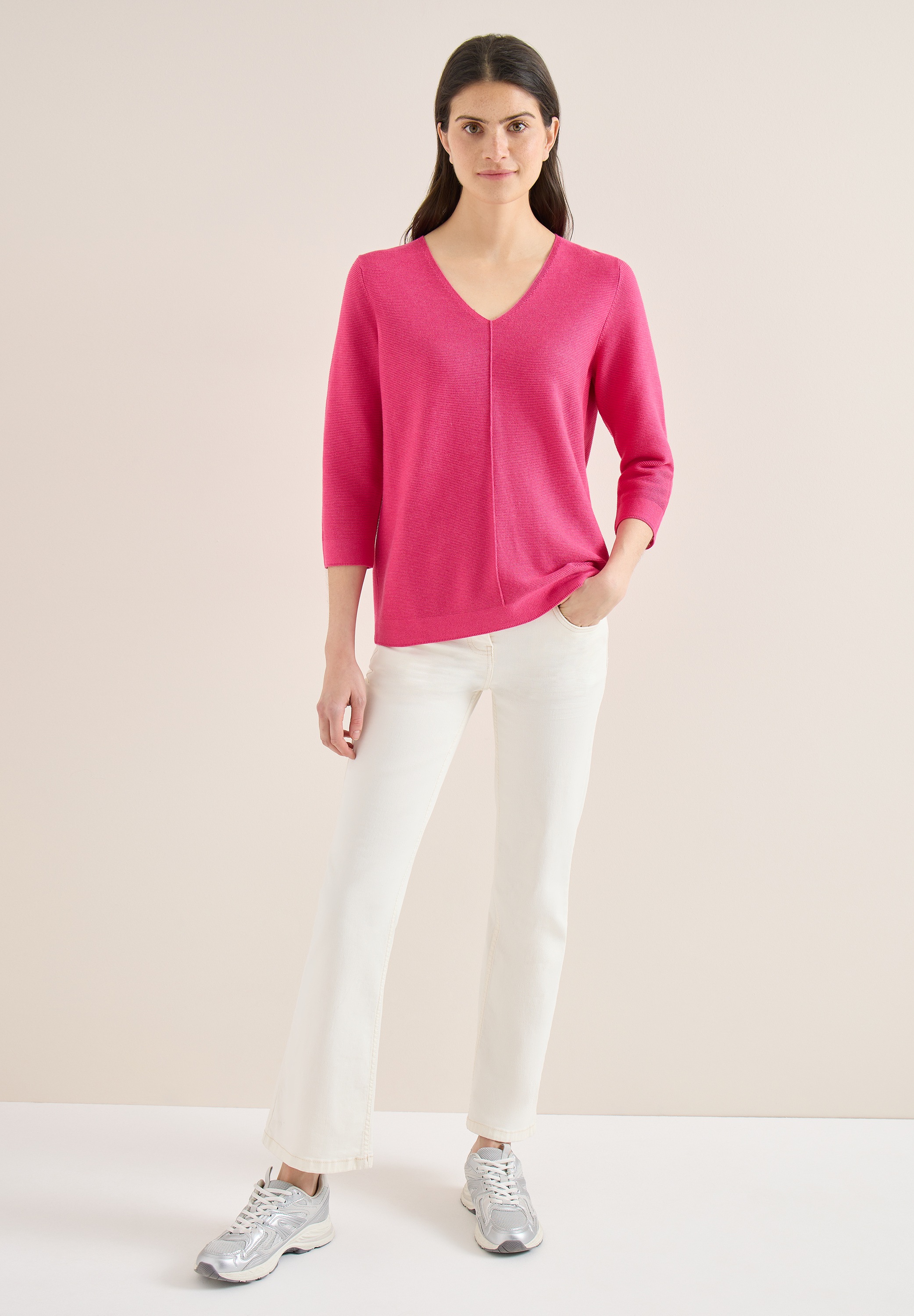 3/4 Arm-Pullover CECIL, Damen, Gr. XL (44), beetroot pink, Web, 60% Baumwolle, 40% Viskose, unifarben, comfort fit normal, V-Ausschnitt, Rippbündchen, Pullover, im soften Baumwoll-Mix 6