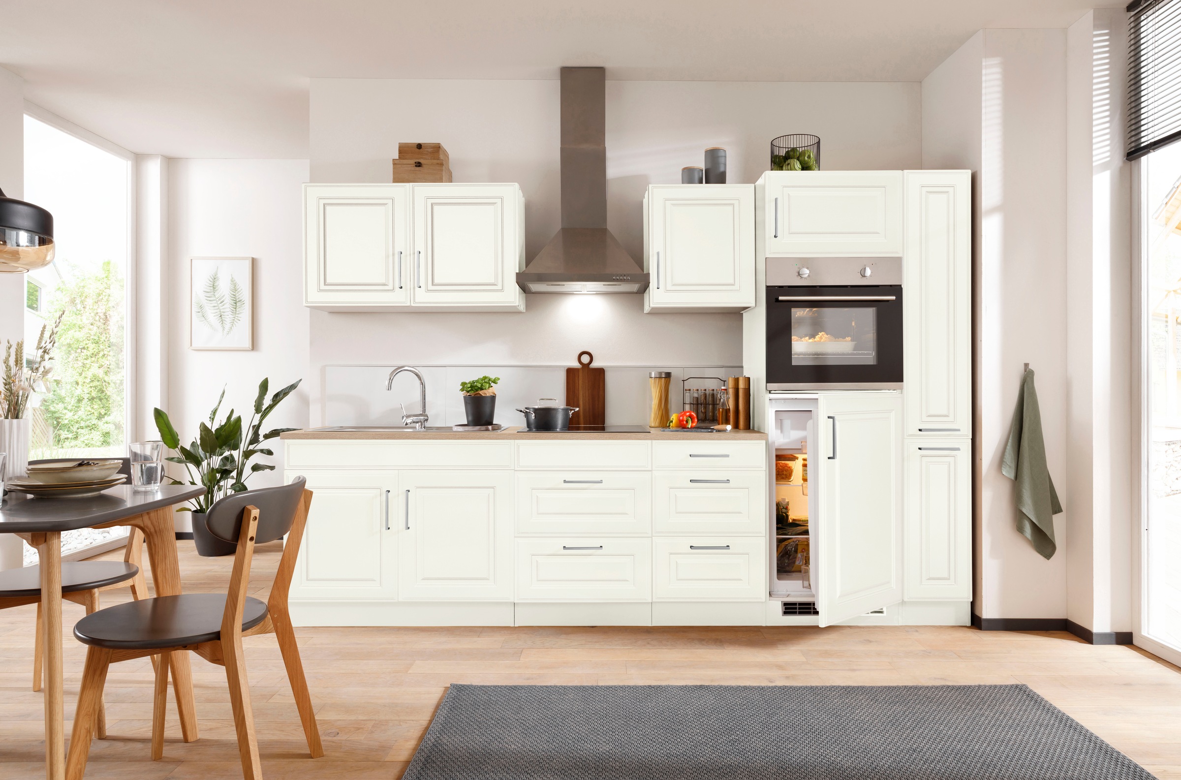 KOCHSTATION Küchenzeile »KS-Stockholm«, Breite 300 cm, mit hochwertigen MDF Fronten im Landhaus-Stil
