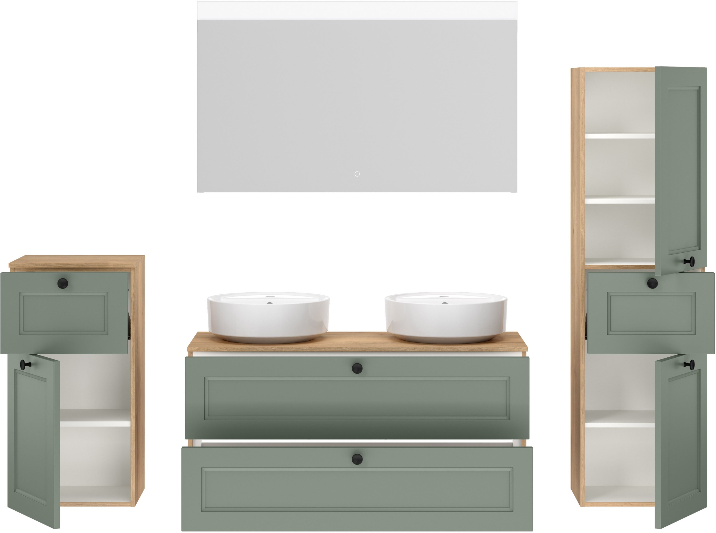 nobilia® Badmöbel-Set »Cascada« Set, inkl.  2 Aufsatzwaschbecken und beleuchtetem  Spiegel mit Touch-Sensor, 6 Stk. tlg.