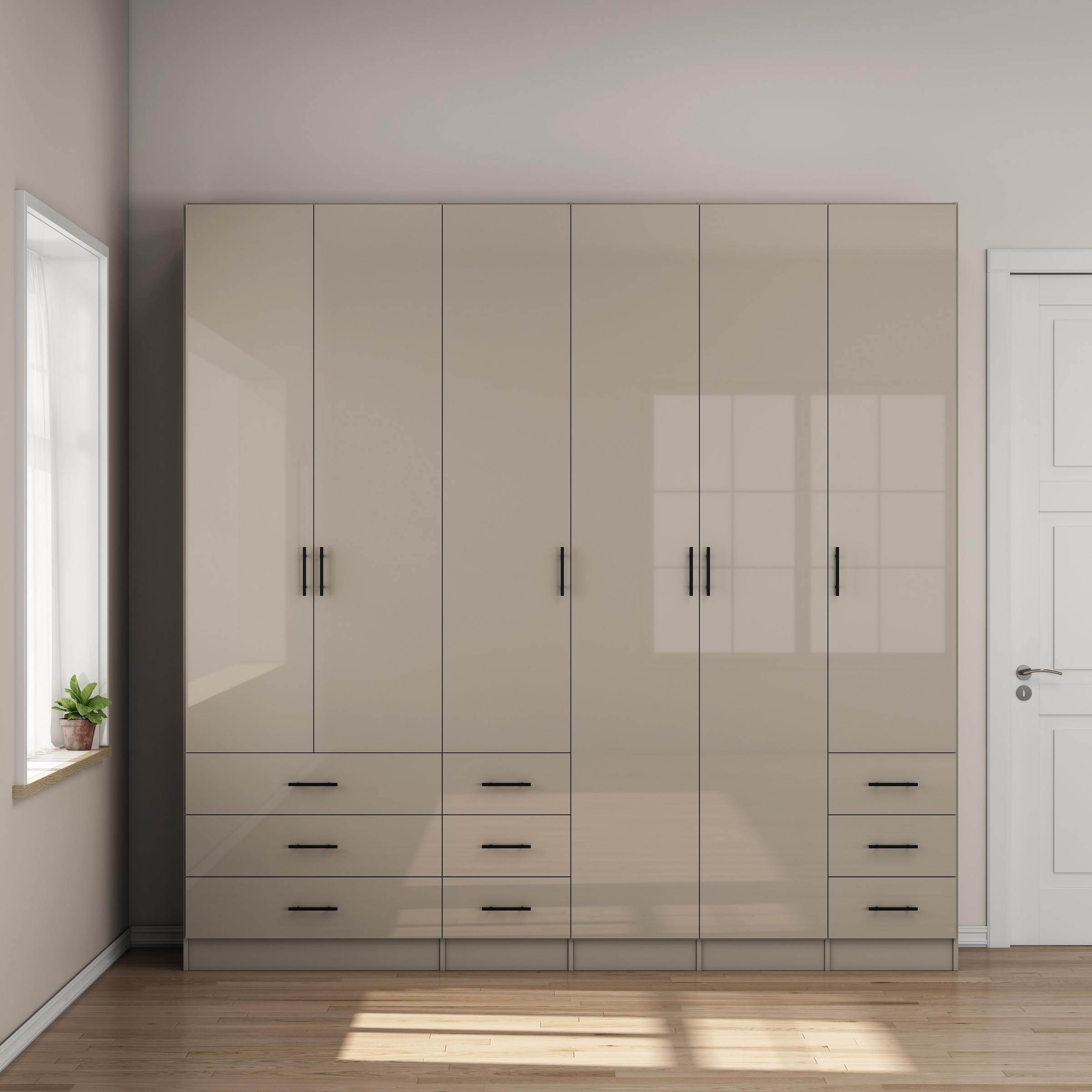 OTTO home Kleiderschrank »Trento Schlafzimmerschrank Garderobe hochglanz« in 2 unterschiedlichen Schrankhöhen wählbar,  Schrank mit 6 Türen und 9 Schubladen, Hochglanz-Fronten, 2,39m Höhe