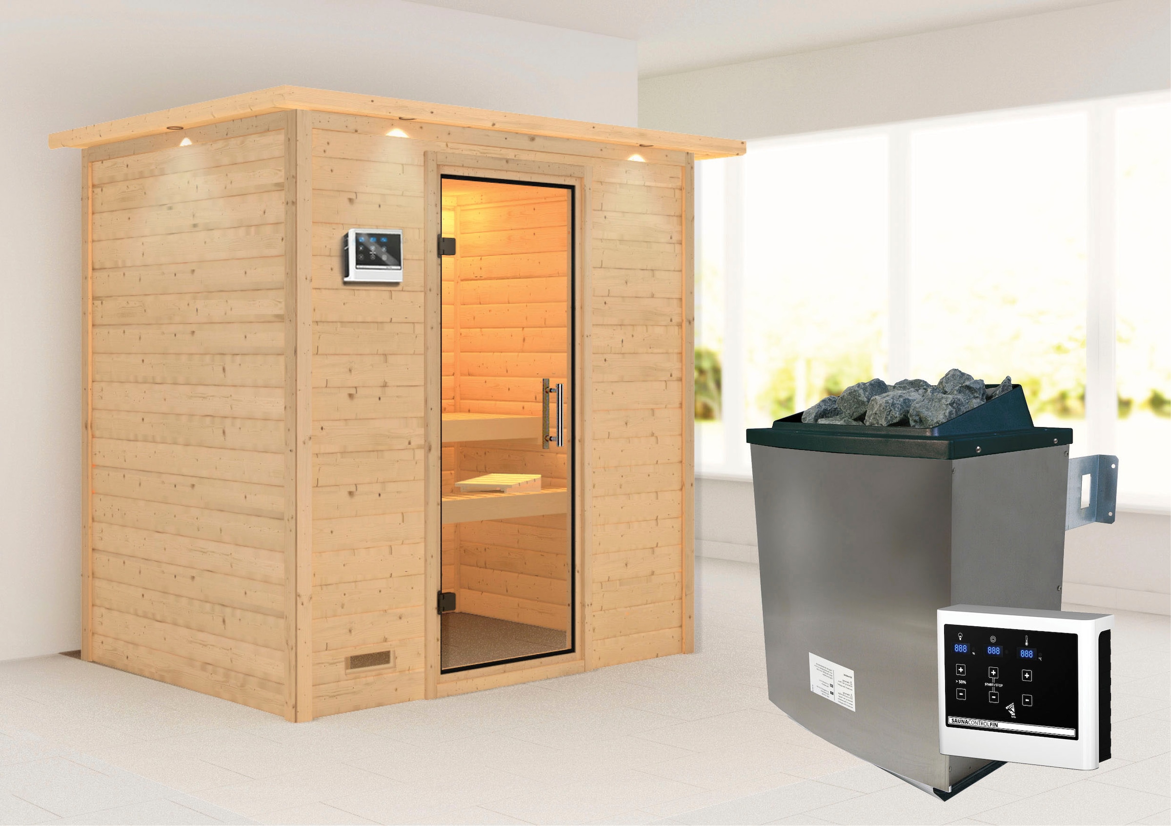 Karibu Sauna ""Sonja" mit Klarglastür und Kranz Ofen 9 KW externe Strg modern"