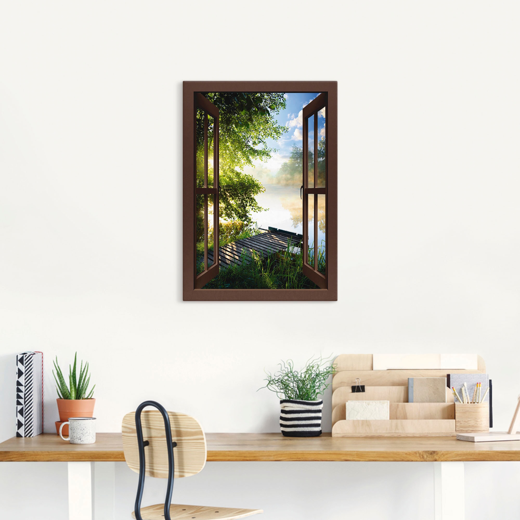 Artland Wandbild »Fensterblick Angelsteg am Fluss«, Fensterblick, (1 St.), als Alubild, Outdoorbild, Leinwandbild, Poster, Wandaufkleber