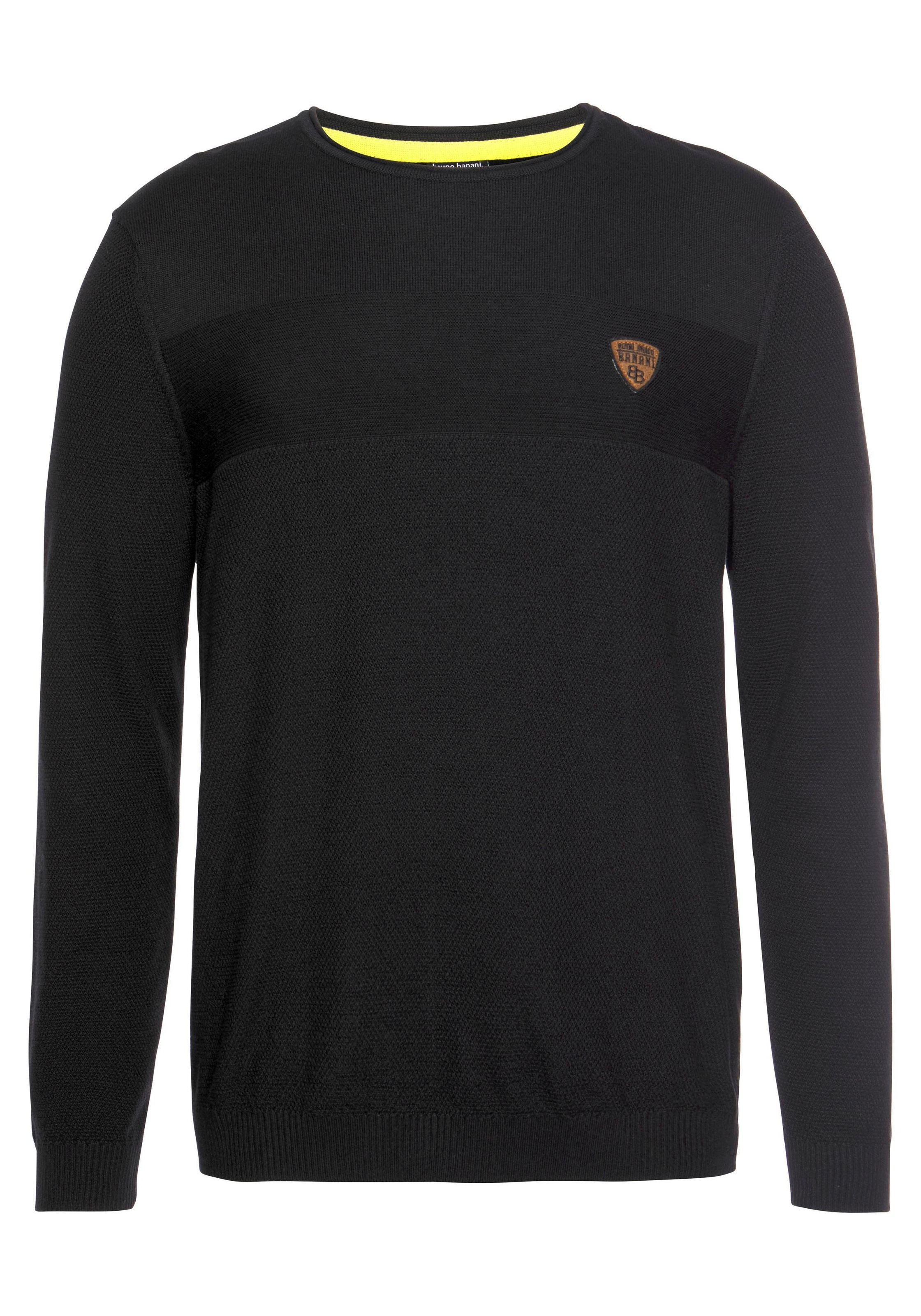 Rundhalspullover BRUNO BANANI, Herren, Gr. XL (56/58), schwarz, Feinstrick, Obermaterial: 50% Baumwolle, 50% Polyacryl, unifarben, schmal, Rundhals, Bündchen, Pullover Rundhalspullover, in modischer Strickoptik 3