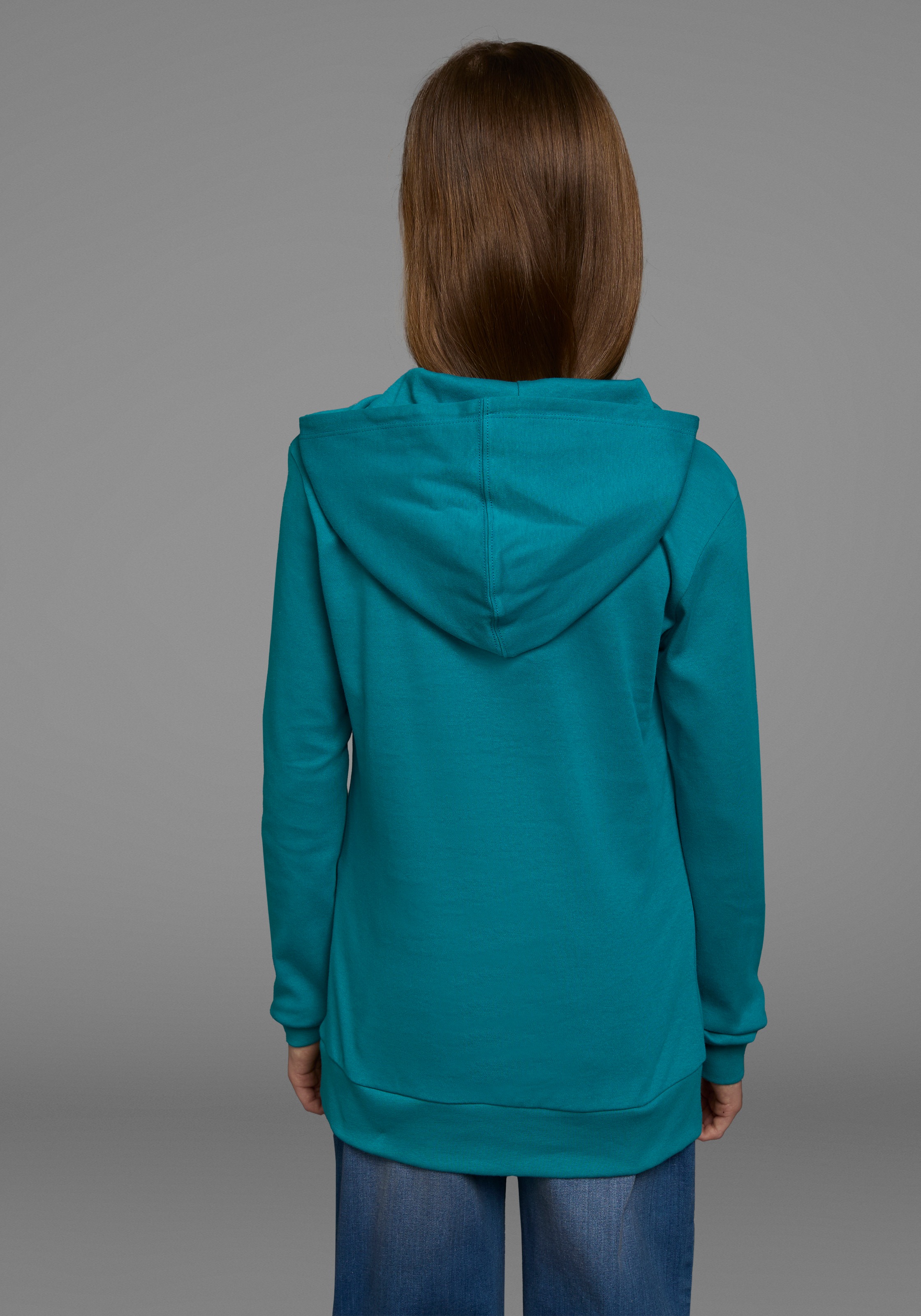 Kapuzenshirt KIDSWORLD "SO EASY - Print", Mädchen, Gr. 128/134, blau (petrol), Interlock, Obermaterial: 100% Baumwolle, bedruckt, Basic Po-bedeckend, Bündchen, Shirts Kapuzenshirt, Langarm, Basic-Passform, mit modischen Drucken 2