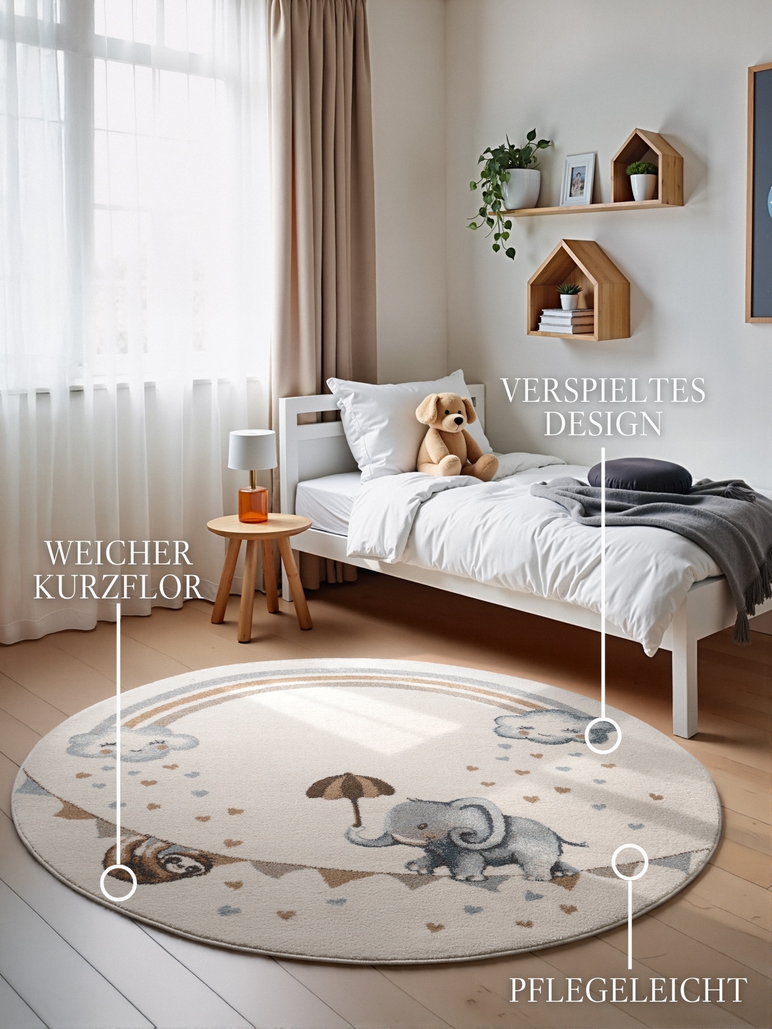 Villeroy & Boch Kinderteppich »Walk like an Elephant Rainbow« rund 9 mm Höhe Spielteppich weich, Kinderzimmer, Boho Kids Spielunterlage, Tieremotiv