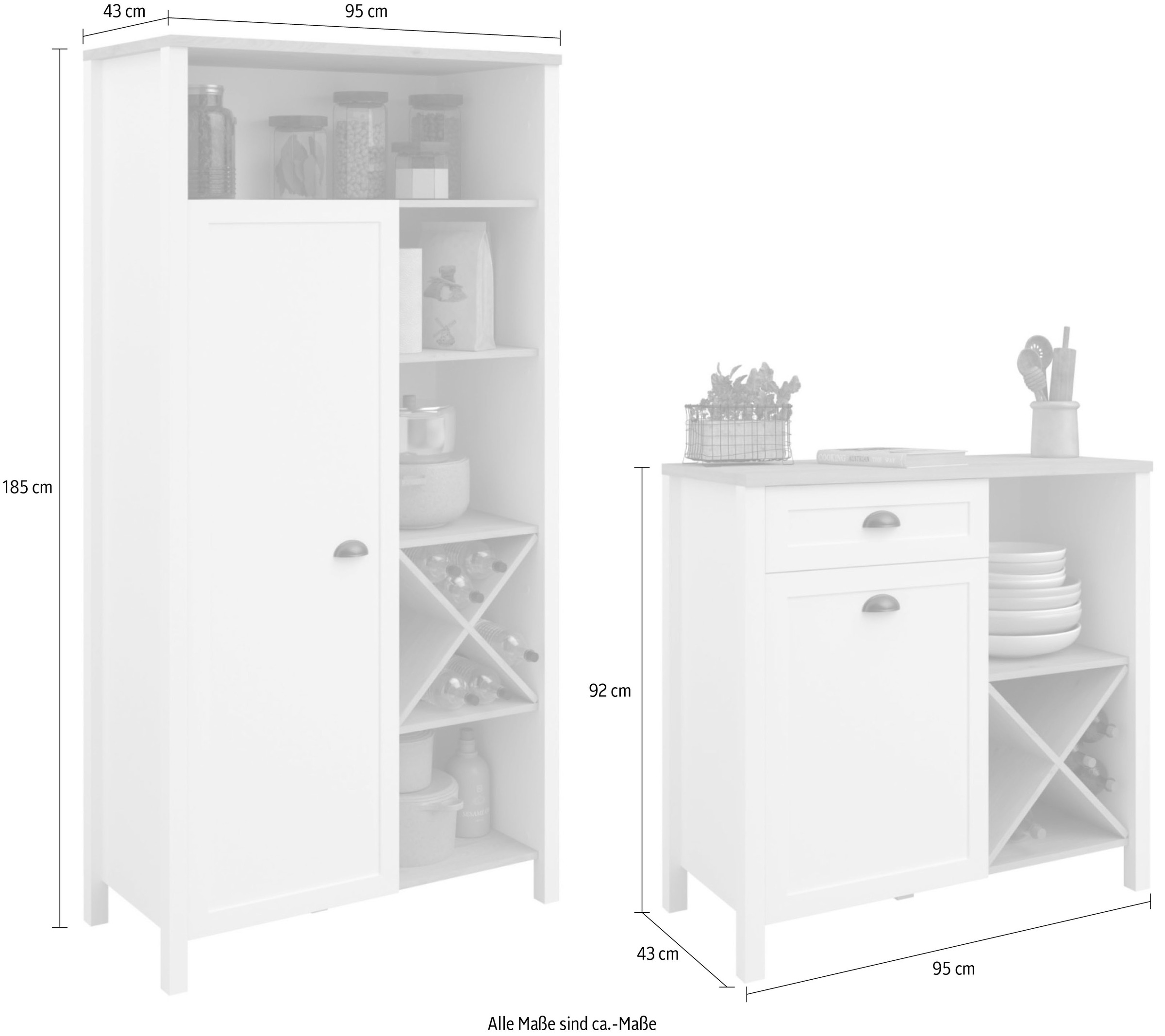 Parisot Schrank-Set »Cottage 1«, (Set, 2 St., Buffet Schrank und Beistellschrank), Viel Stauraum, Flaschenregal, Metallgriffe, MDF, melaminbeschichtet
