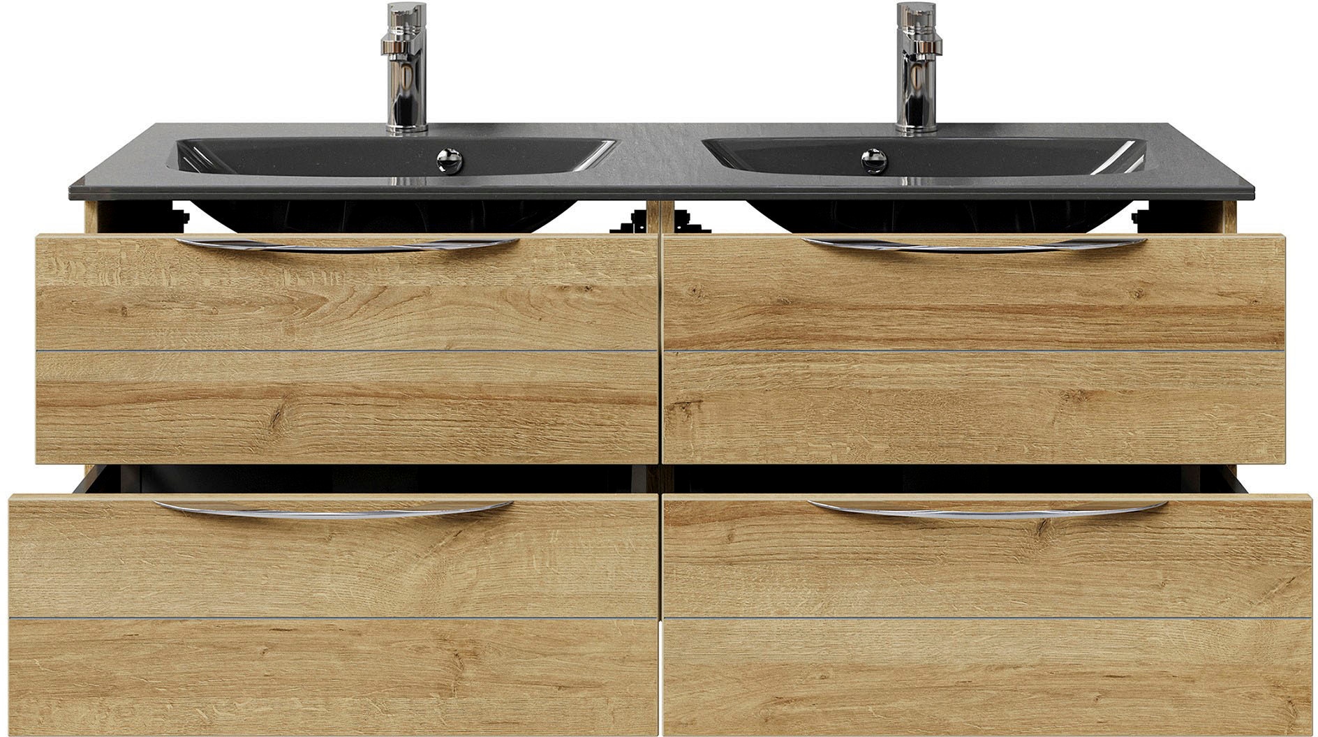Saphir Badmöbel-Set »Serie 6025 2-teilig Mineralmarmor-Waschtisch mit LED-Spiegelschrank«, (2 St.), Waschplatz 132cm breit, 4 Schubladen, 2 Spiegel-Türen, inkl Türdämpfer