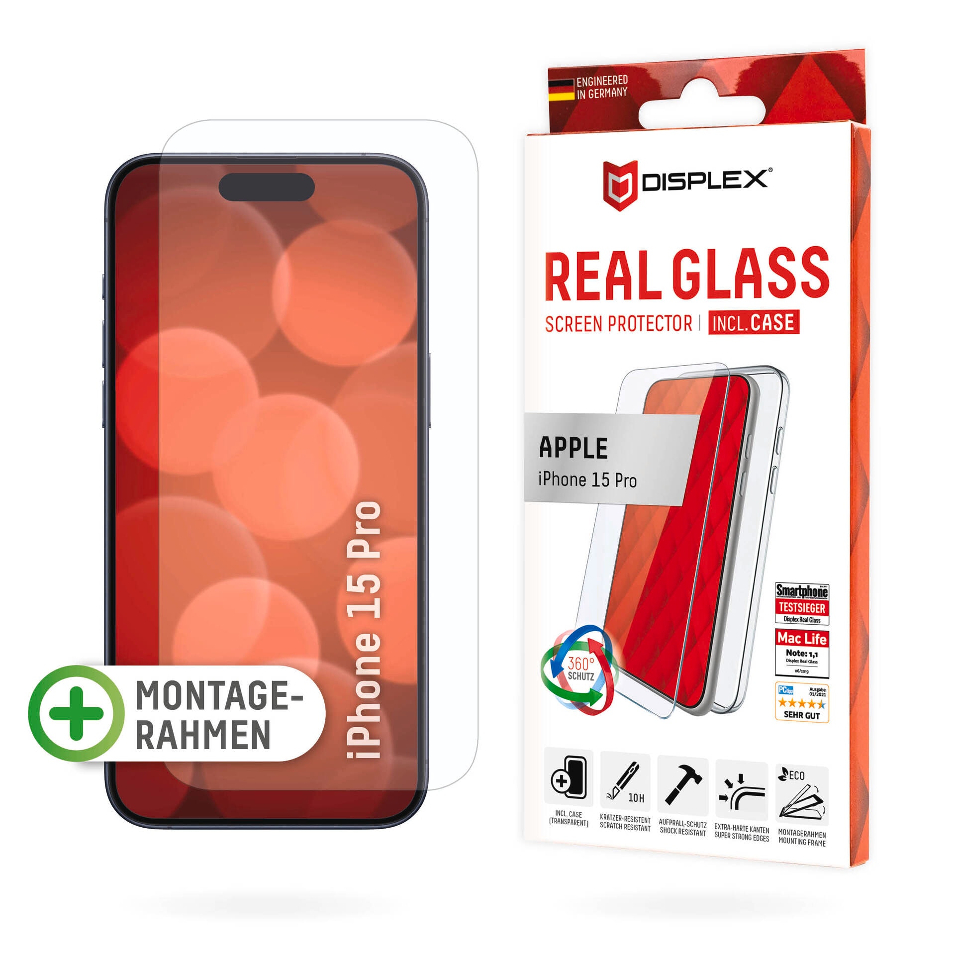 Displex Displayschutzglas »Real Glass + Case«, für Apple iPhone 15 Pro, Displayschutzfolie Displayschutz Rundumschutz 360 Grad splitterfest