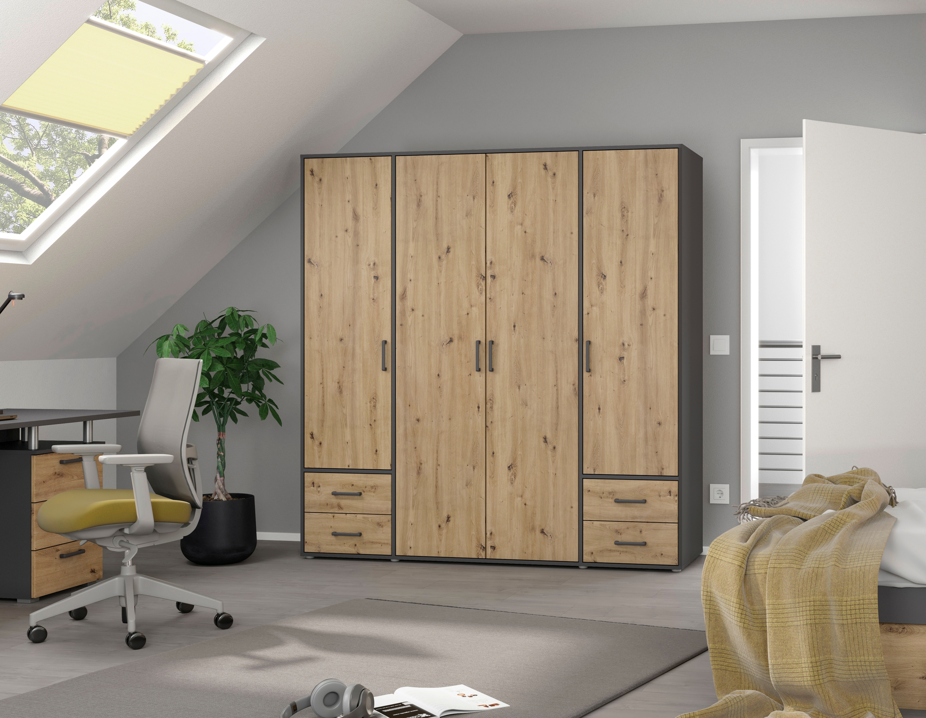 rauch Drehtürenschrank "Kleiderschrank Schrank Garderobe Wäscheschrank VOYAGER" in 3 verschiedenen Ausstattungen BASIC/CLASSIC/PREMIUM, mit 2 modernen Griffvarianten, mit Außenschubladen MADE IN GERMANY
