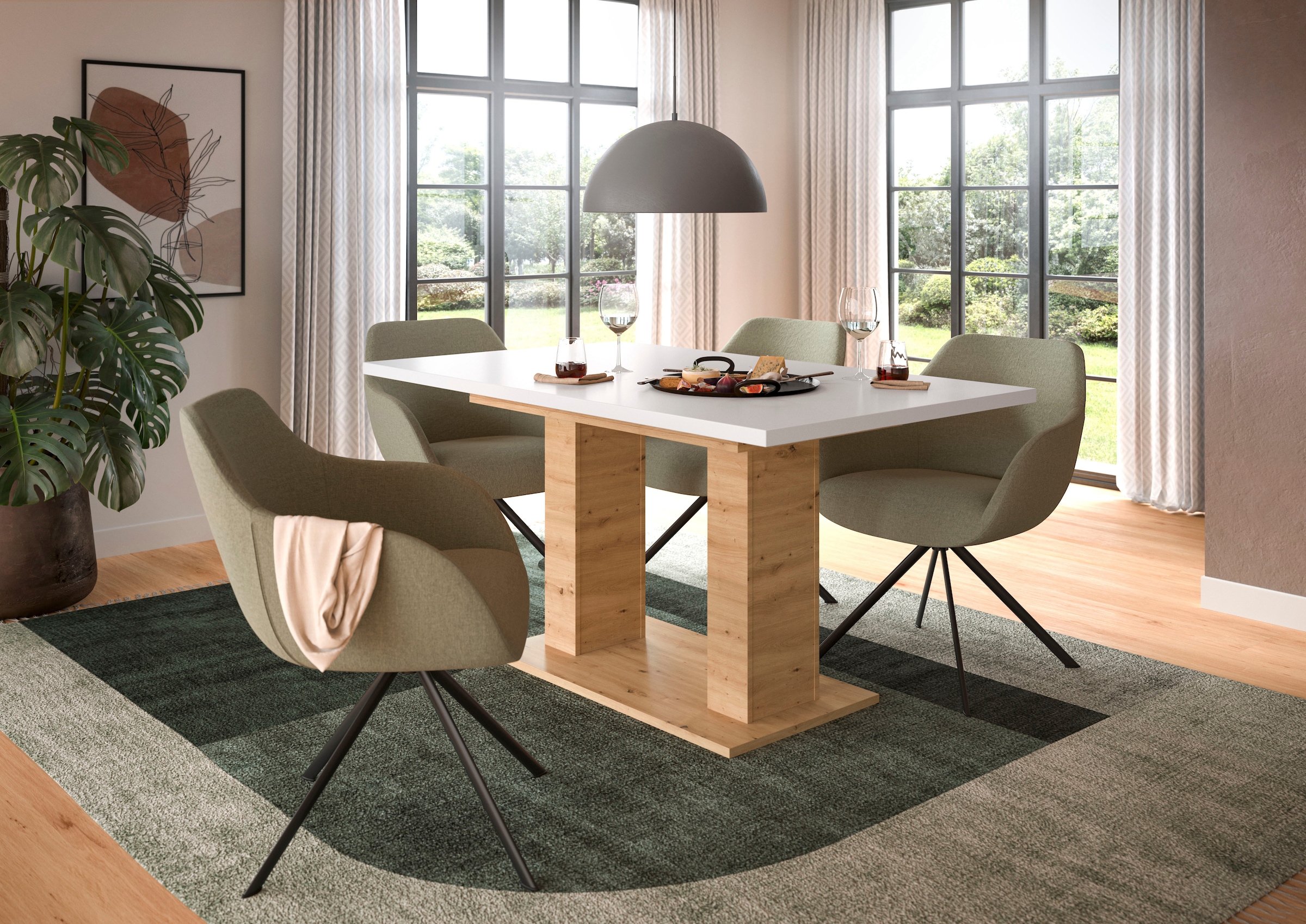 INOSIGN Esstisch »Motus, ausziehbar 150 -190 cm, inklusive 40 cm Einlegeplatte«, (Set, 1 St.), Doppelsäulengestell mit Bodenplatte, Tisch, Esstisch, Küche
