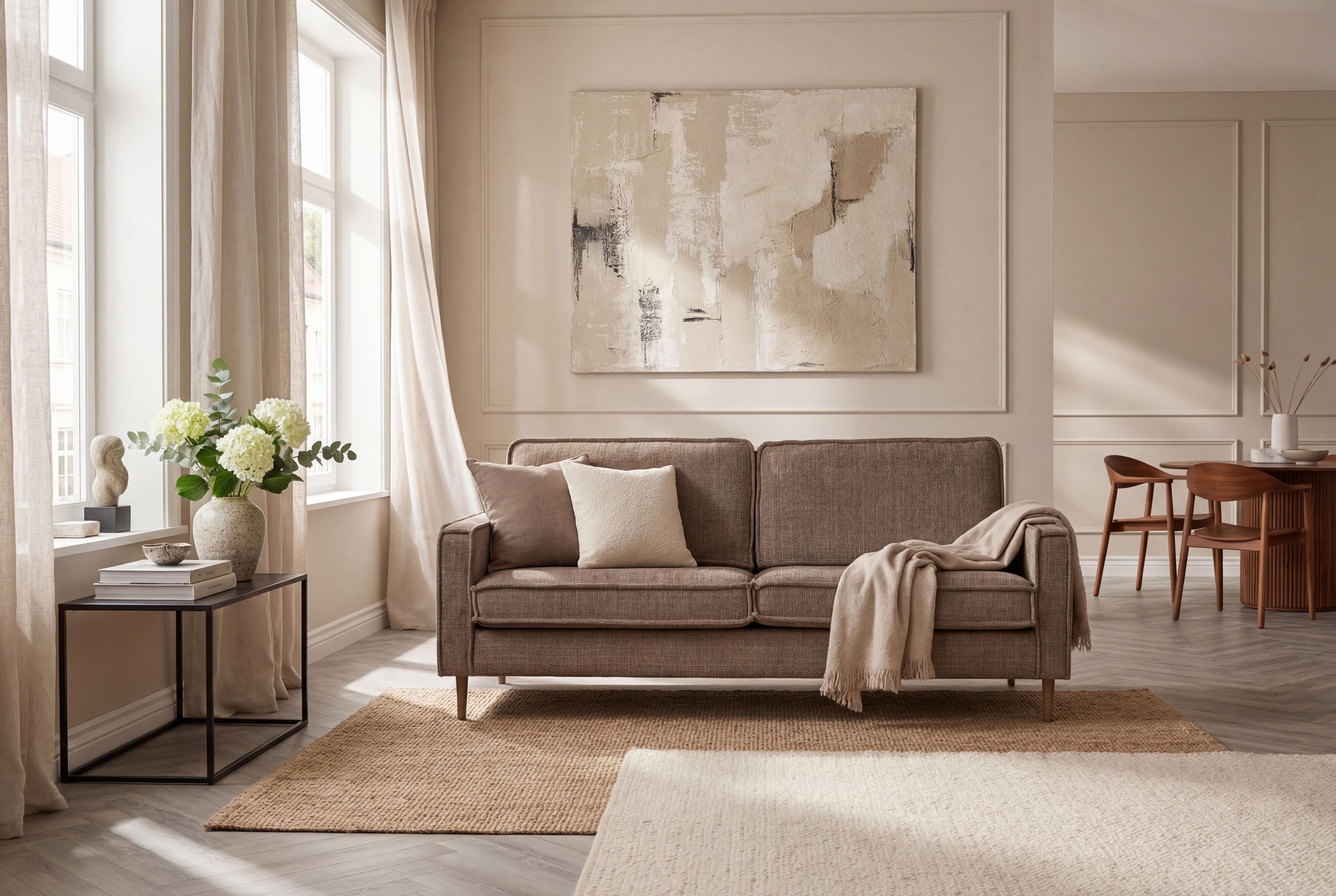 OTTO home 3-Sitzer "Pinto Skandi, 206 cm, Chenille, Struktur" mit Keder, Massivholzfüße Eiche geräuchert, Wellenunterfederung
