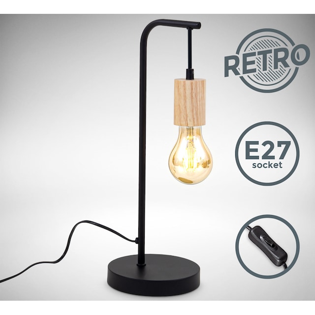 B.K.Licht Tischleuchte »BK_TL1375 Retro Tischlampe, Schwarz, Metall, E27,  Kabel mit Schalter«, 1 flammig-flammig, Schreibtischlampe, Schwarz-Holz, Ohne  Leuchtmittel | BAUR