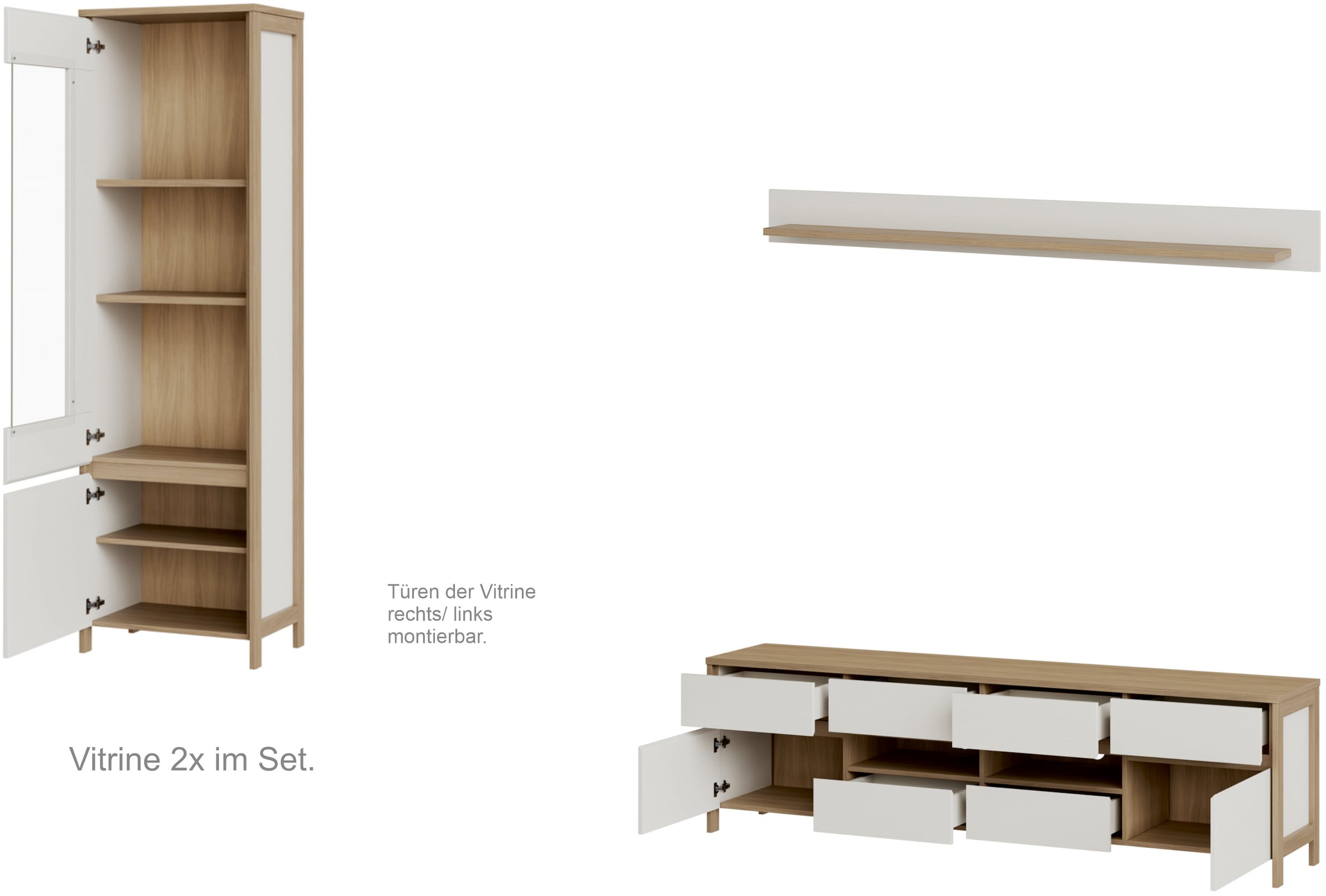 Home affaire Wohnwand »Stranda, moderne Anbauwand, Komplettset im Scandi-Style«, (4 St.), enthält zwei Vitrinen, Lowboard und Wandboard, 344 cm breit