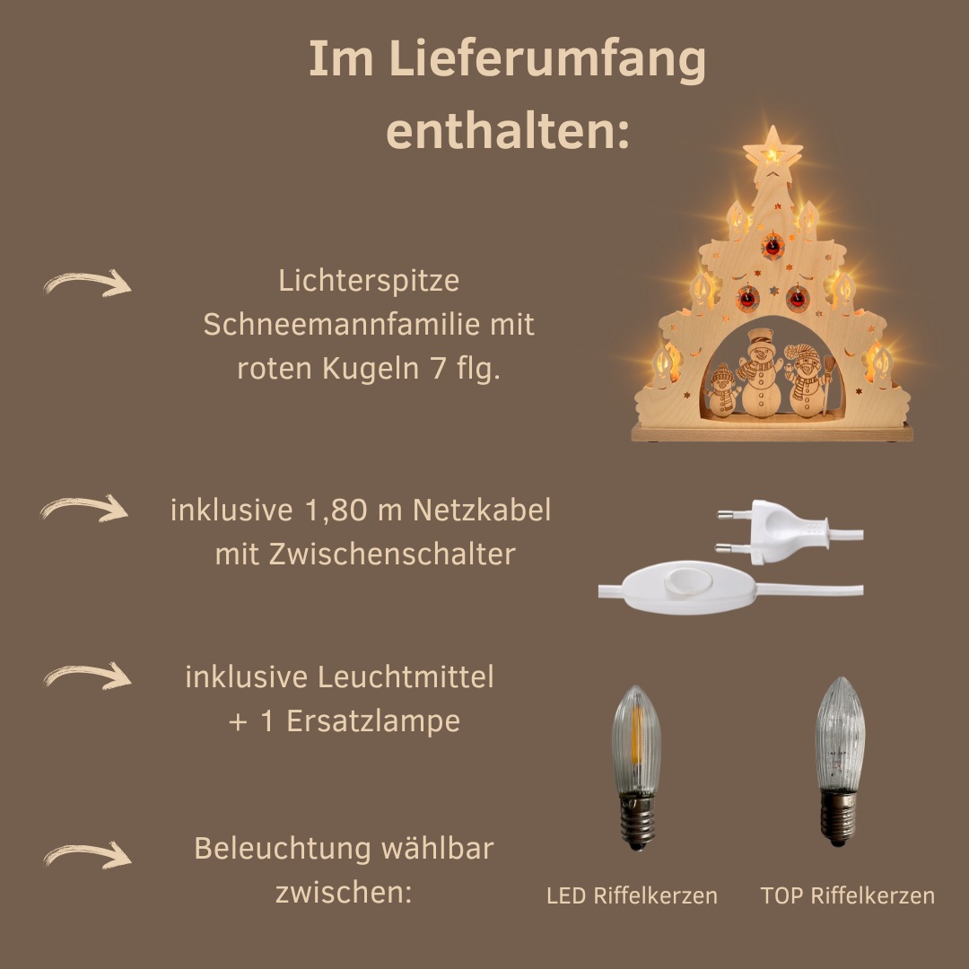 Thumbnail - Weigla LED Schwibbogen "Schneemannfamilie mit roten Kugeln" Erzgebirge garantiert, Lichterspitze aus Buchenholz