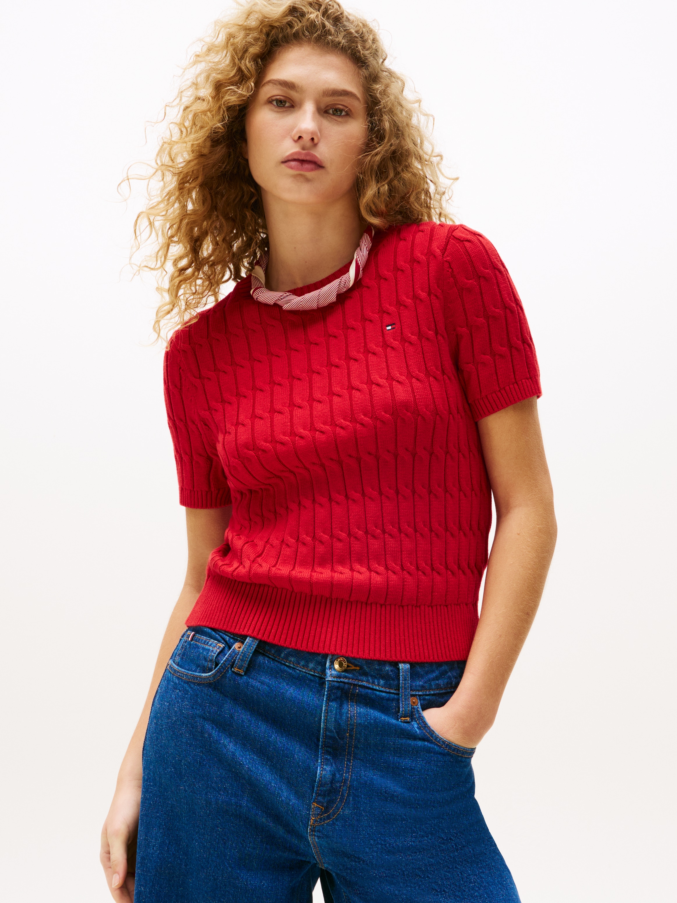 Tommy Hilfiger Kurzarmpullover "CO CABLE MID GG S/S C-NK SWT", mit Zopfmust günstig online kaufen