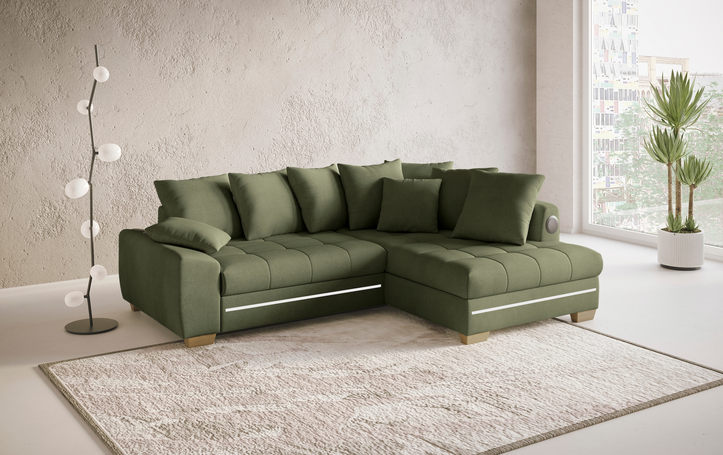Mr. Couch Ecksofa »Nikita II, L-Form«, RGB-LED, Bluetooth-Soundsystem, wahlweise mit Bett, Bettkasten