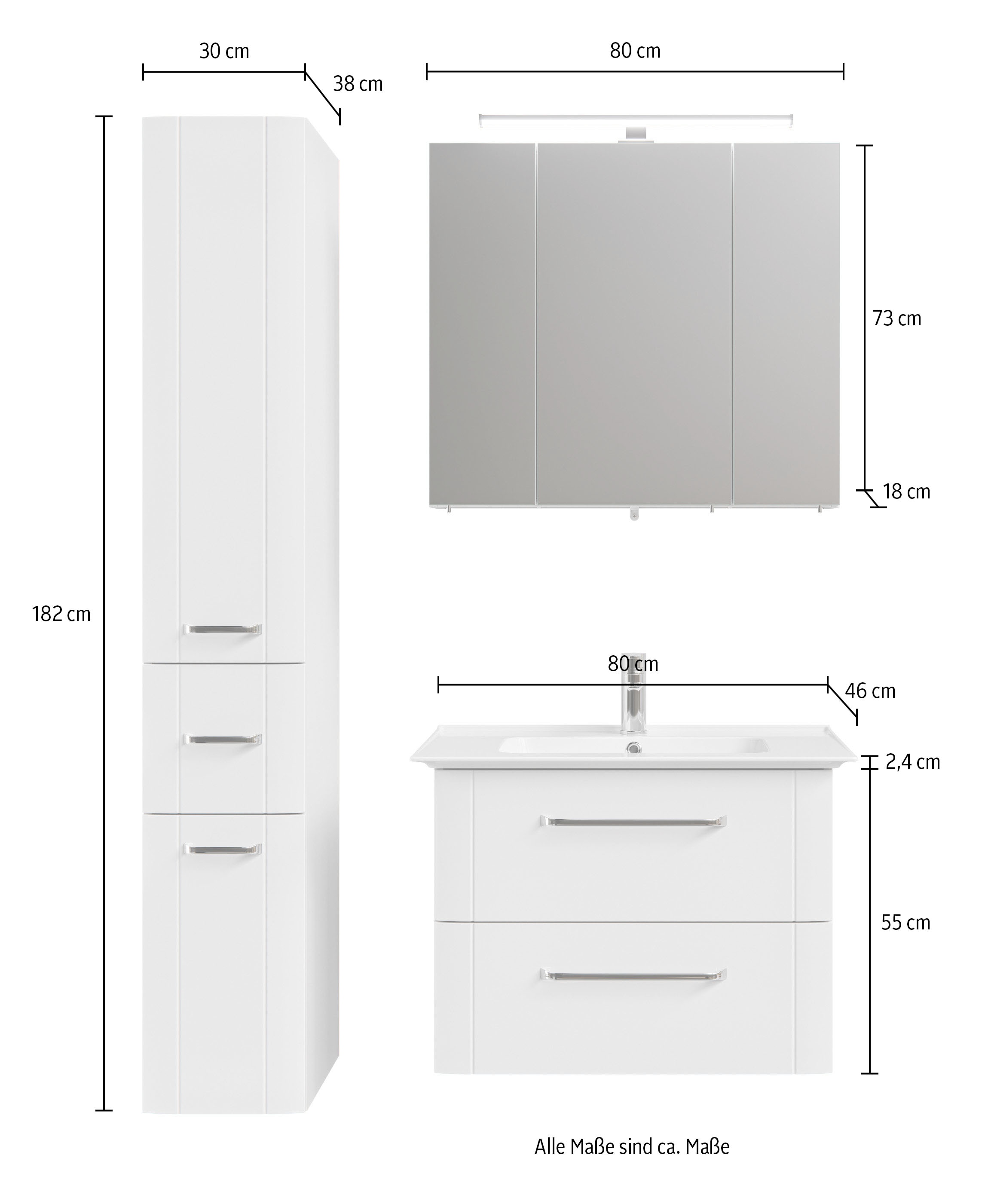 Saphir Badmöbel-Set »Badmöbel-Set Serie 3006 3-teilig Keramik-Waschtisch mit Spiegelschrank«, (4 St.), Badezimmer-Set mit Hochschrank, inkl. Türdämpfer