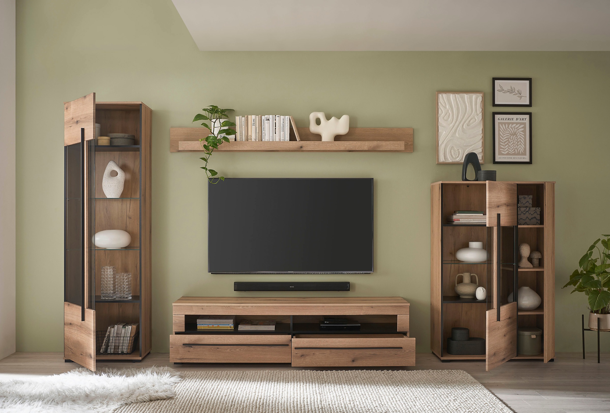 INOSIGN Wohnwand »Cantara, moderne Anbauwand, Wohnzimmer-Set, in Eiche Evoke oder Weiß«, (Set, 4 St.), enthält zwei Vitrinen, ein Lowboard und ein Wandboard