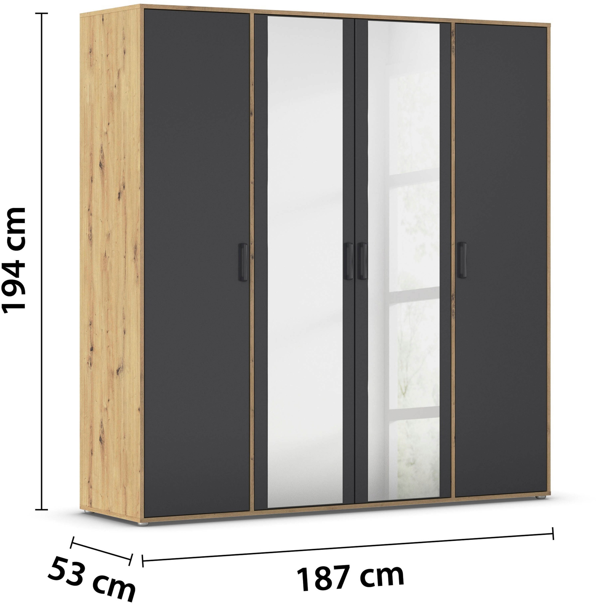 rauch Drehtürenschrank »Kleiderschrank Schrank Garderobe Wäscheschrank VOYAGER«, (in 3 verschiedenen Ausstattungen BASIC/CLASSIC/PREMIUM), mit modernen Griffen in Graumetallic und Spiegel