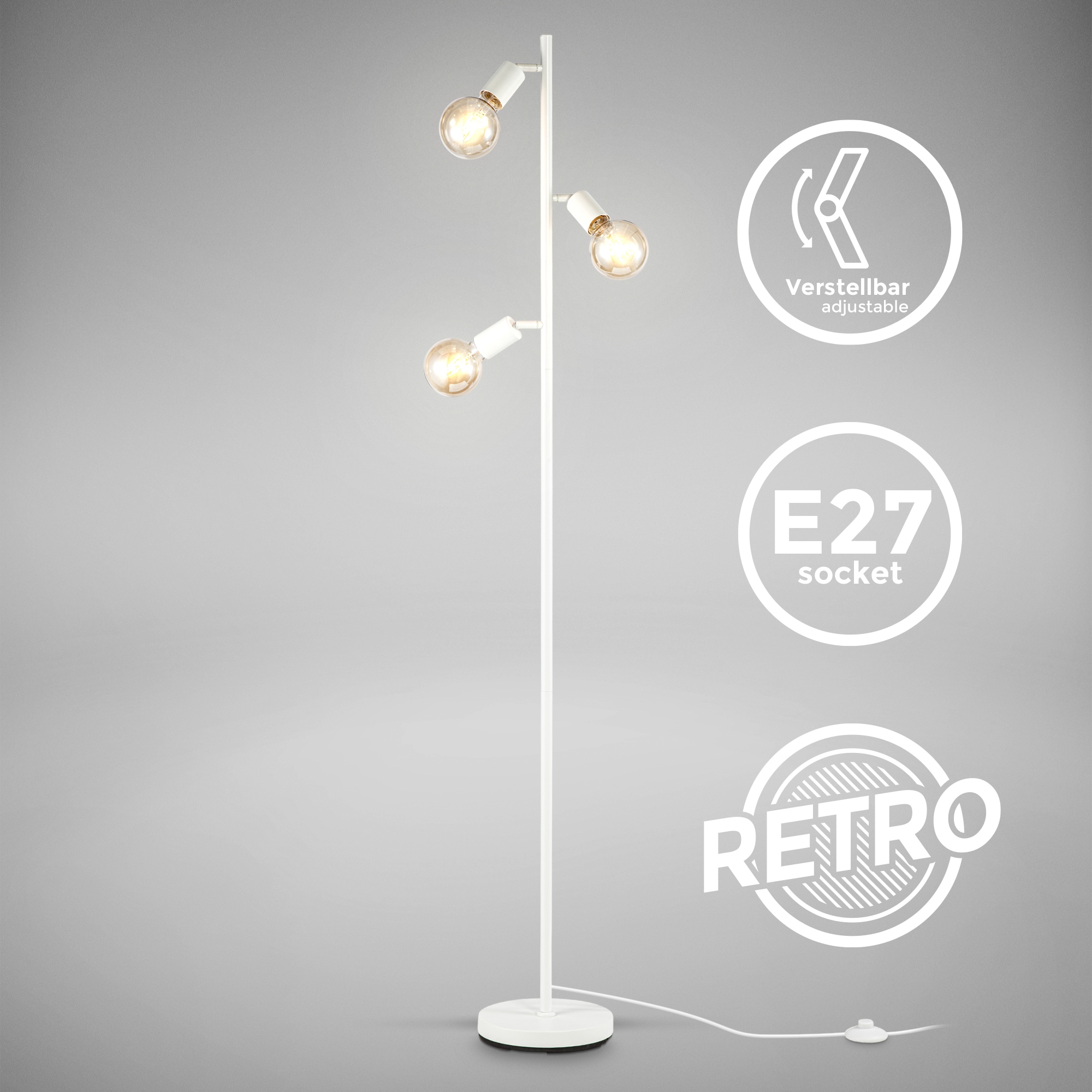 B.K.Licht Stehlampe, 3 flammig-flammig, 3-flammig, Stehleuchte, | Retro, E27, BAUR Schwenkbar, Fußschalter, Metall