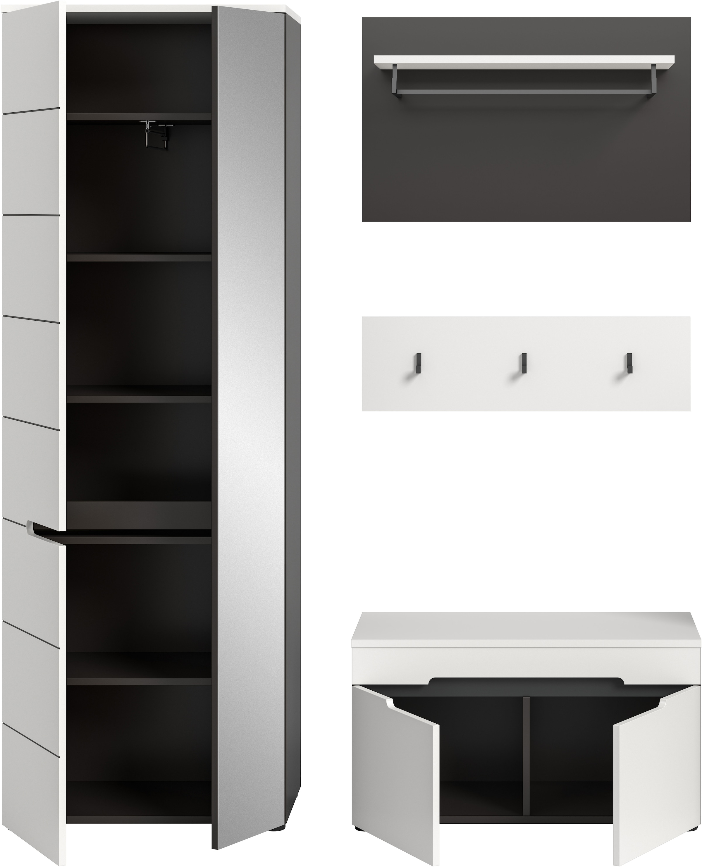 Home affaire Garderoben-Set »REHAT, TOPSELLER!, 4-teilig, Breite 160cm, individuell stellbar« bestehend aus: Garderobenschrank, Sitzbank, Paneel, Hakenleiste, 3 Stk. tlg.