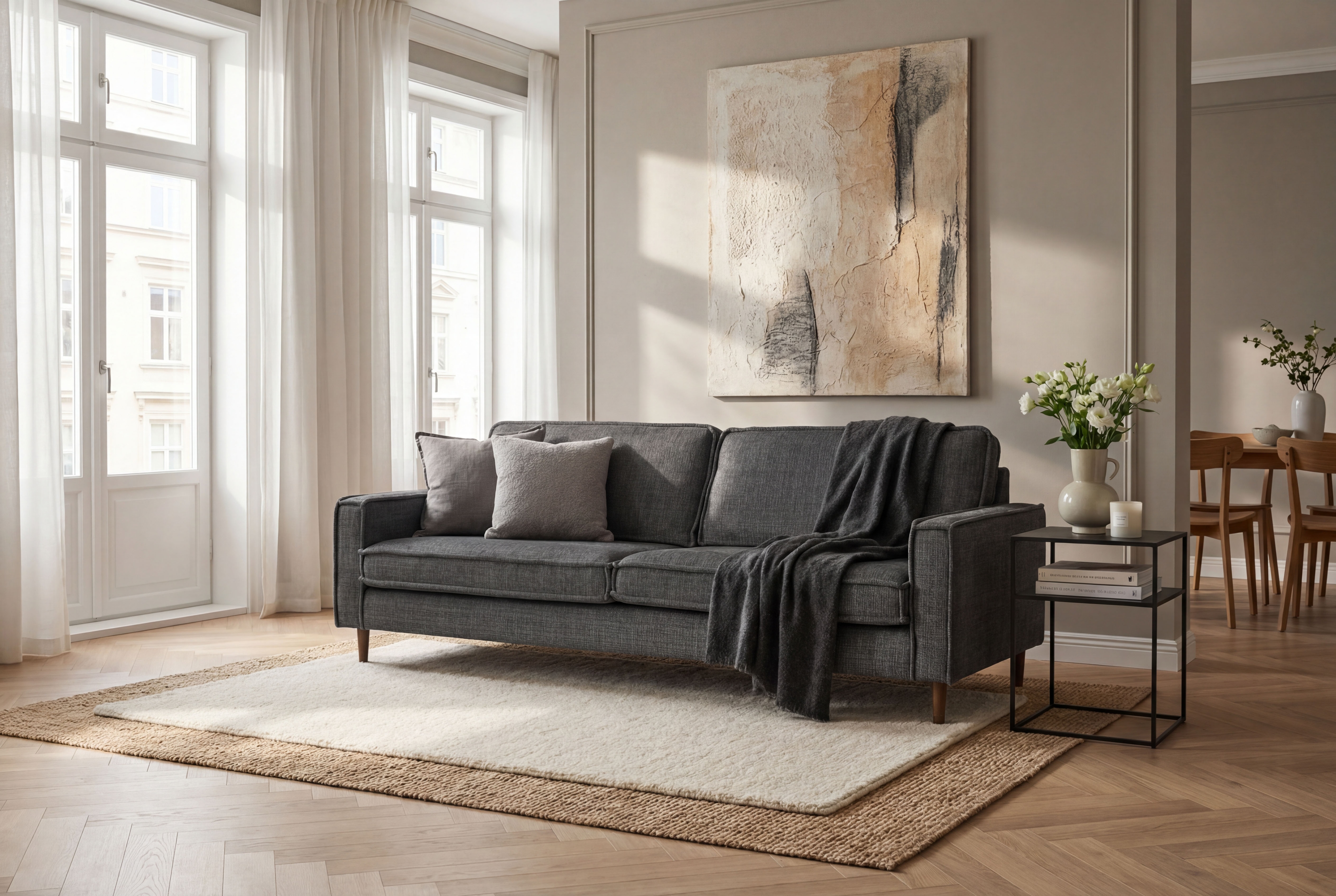 OTTO home 3-Sitzer "Pinto Skandi,Maxi-Ausführung, 236 cm, Chenille, Struktur" mit Keder, Massivholzfüße Eiche geräuchert, Wellenunterfederung