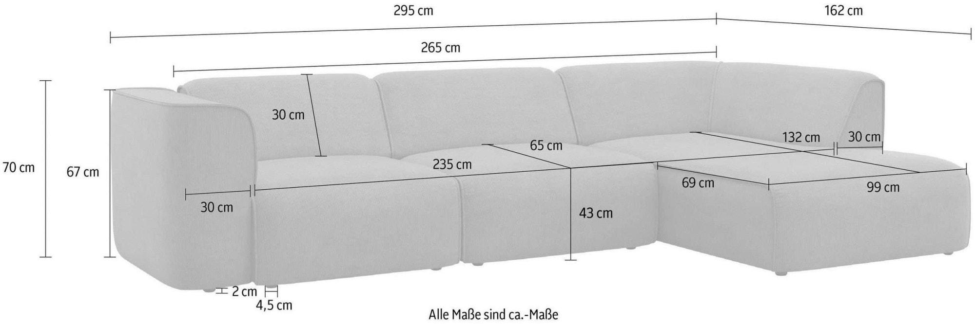RAUM.ID Ecksofa »Merid L-Form, jederzeit durch Module erweiterbar, B/T/H: 295/162/70 cm«, als Modul oder separat verwendbar, für individuelle Zusammenstellung