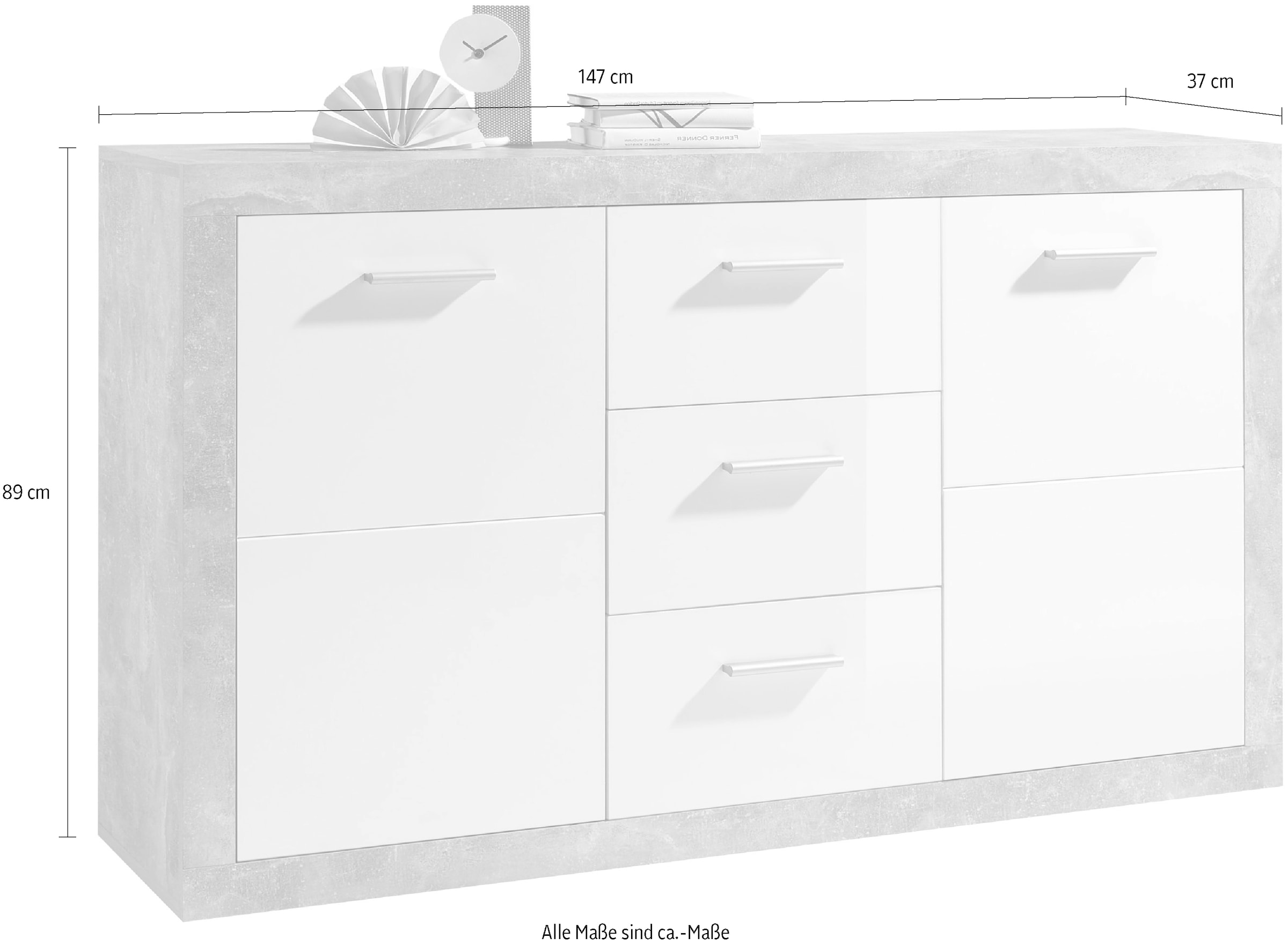 HBZ Sideboard »Stone weiß Hochglanz, Wohnzimmerschrank BxHxT 147x89x37 cm«, (1 St.), Mit 2 Türen, 3 geräumigen Schubkästen, 2 Einlegeböden verstellbar
