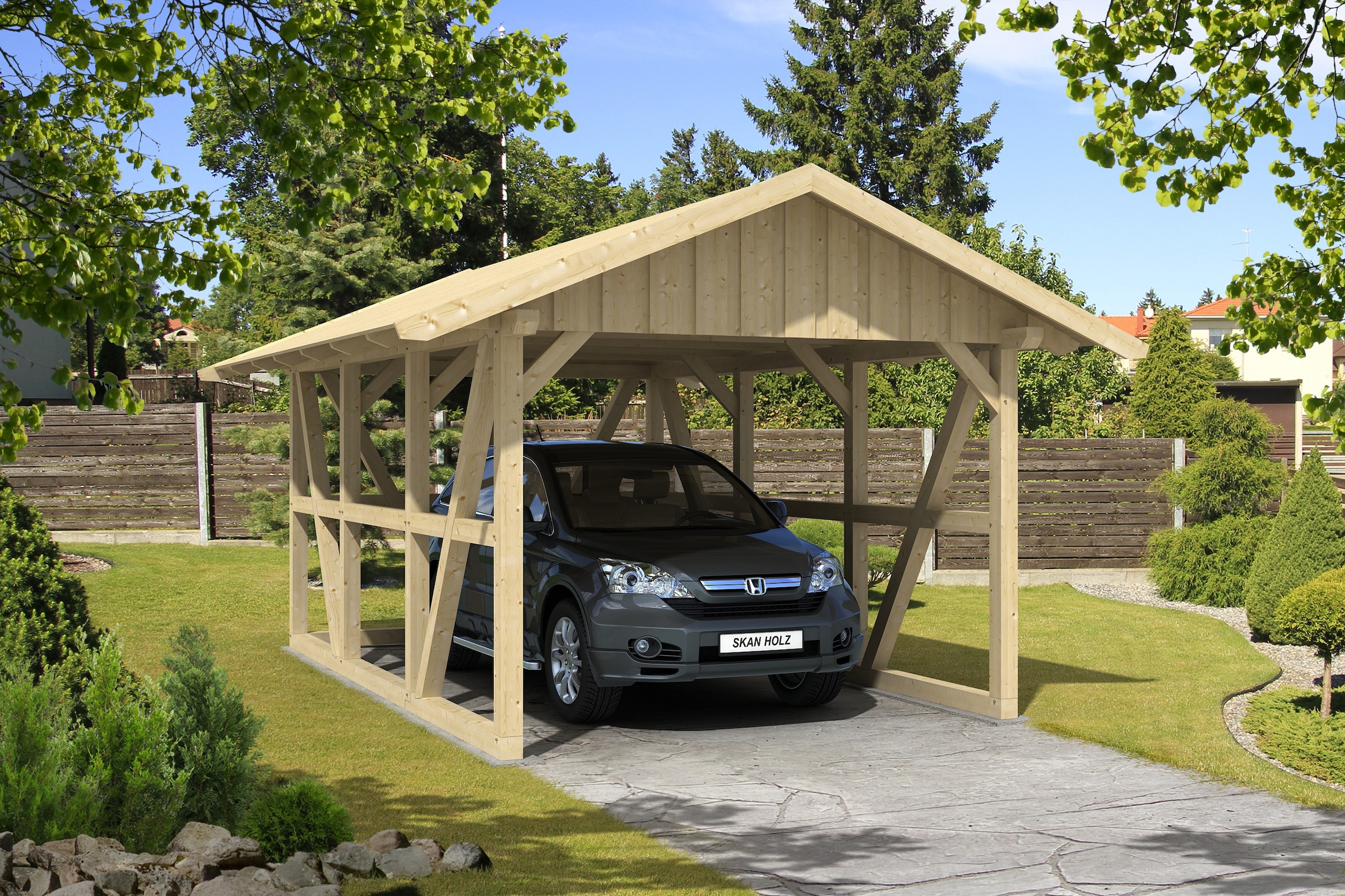 Skanholz Einzelcarport »Schwarzwald«, KVH-Fichte, 300 cm, Natur, mit Rückwand, mit Dachschalung
