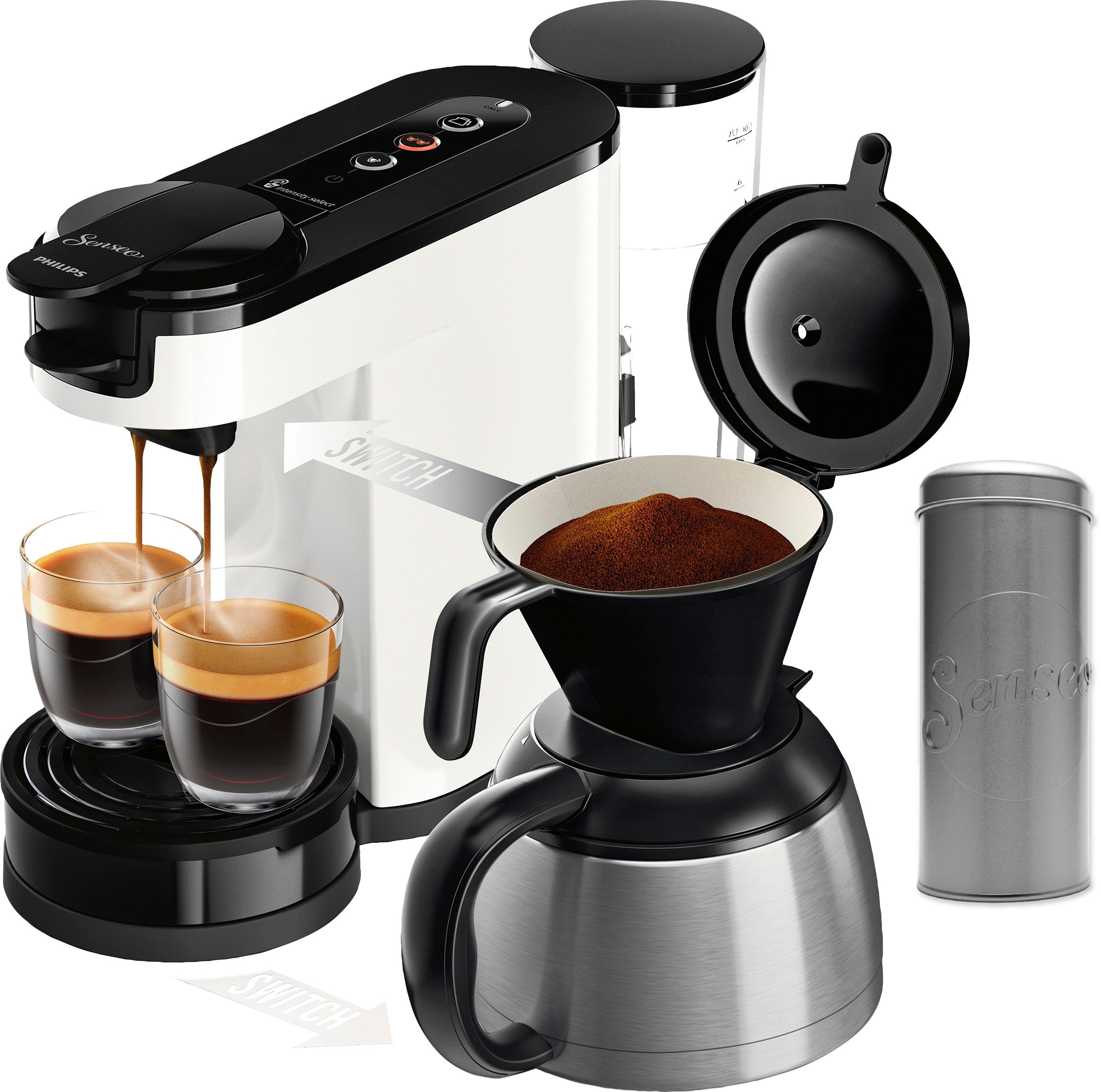 Philips Senseo Kaffeepadmaschine "Switch HD6592/04", 1 l Kaffeekanne, inkl. Kaffeepaddose im Wert von 9,90 € UVP