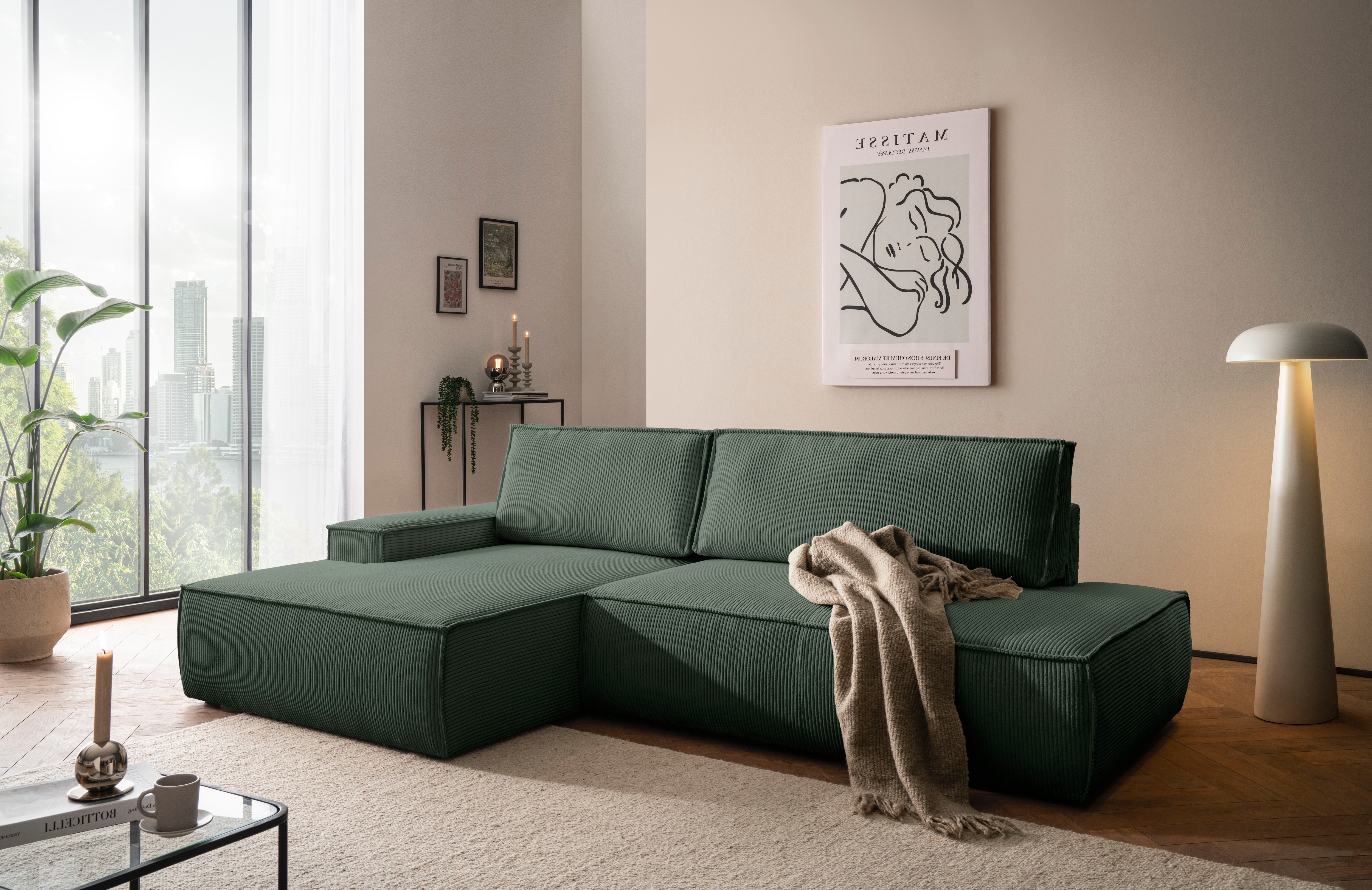 OTTO home Ecksofa "SHERWOOD Cord Schlafsofa in L-Form offen (275cm)" Schlaffunktion und Bettkasten, Kedernaht, hoher Sitz- & Liegekomfort