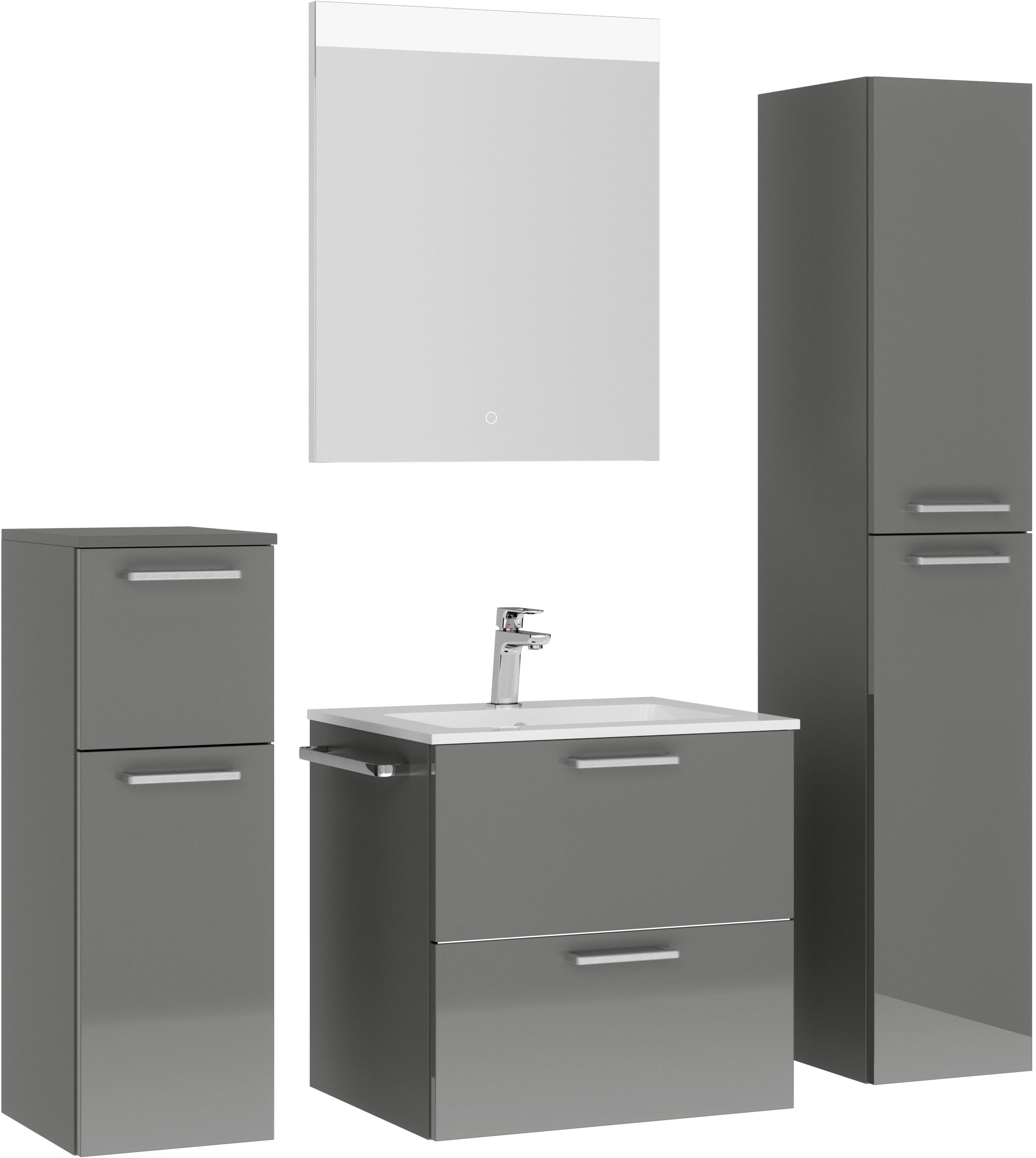 nobilia® Badmöbel-Set »Tolvina«, (4 St., vormontiert, mit Soft-Close), Hochglanz, inkl. Spiegel mit Touch-Sensor, in vier Breiten