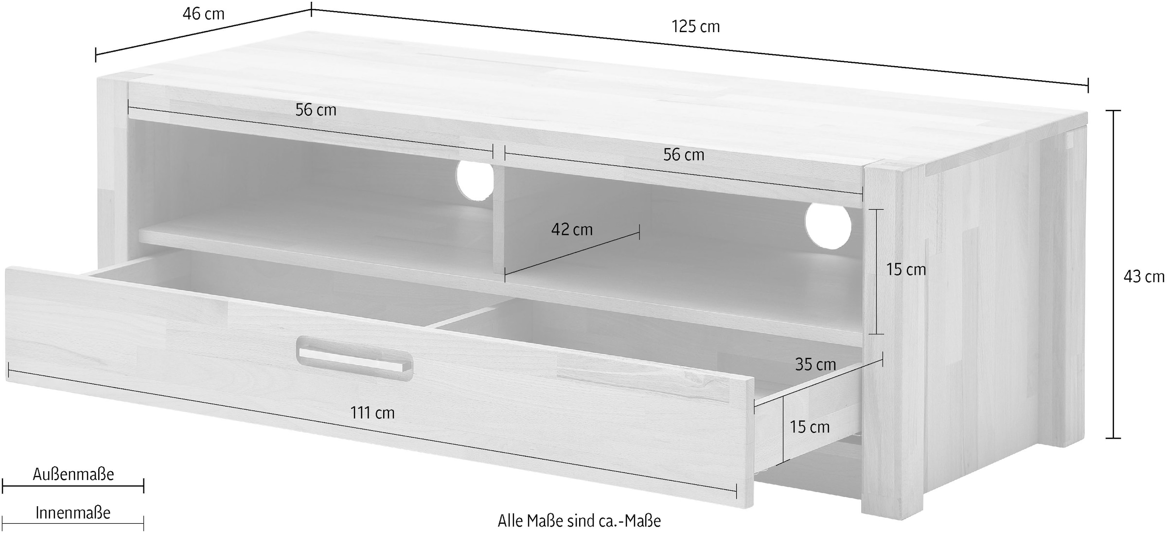 MCA living Lowboard »Fenja TV-Element, Kommode,TV-Möbel,Breite 125 cm«, (Set, 1 St., 1 Stück), Massivholz, 1 Schubkasten, 2 offene Fächer, maximale TV-Größe 50 Zoll