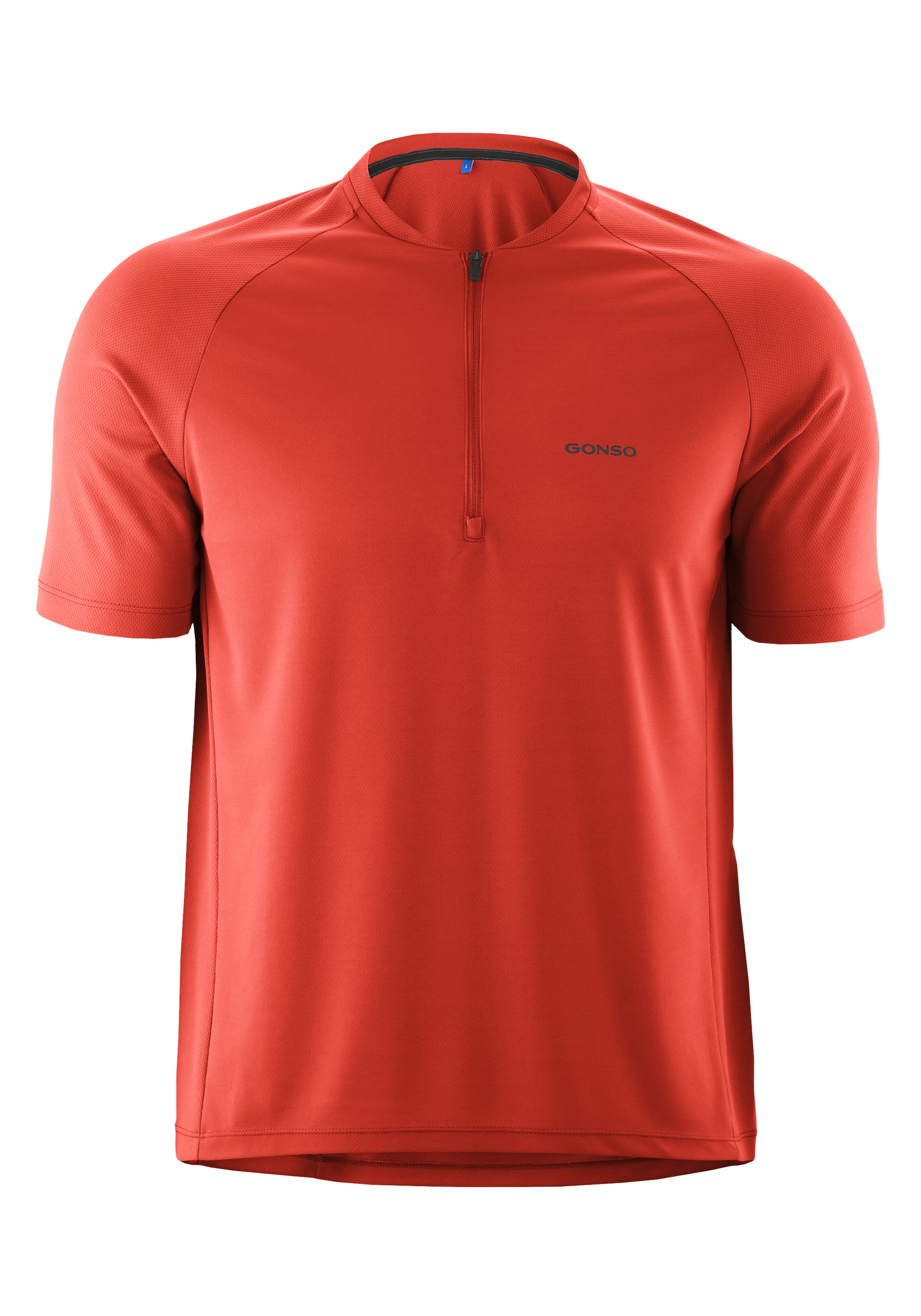 Radtrikot GONSO "SITIVO Jersey Blue M", Gr. S, ziegelrot, 100% Polyester, Rundhals, Trikots, Herren Fahrradtrikot mit Rückentasche, Half-Zip Trikot, Loose Fit