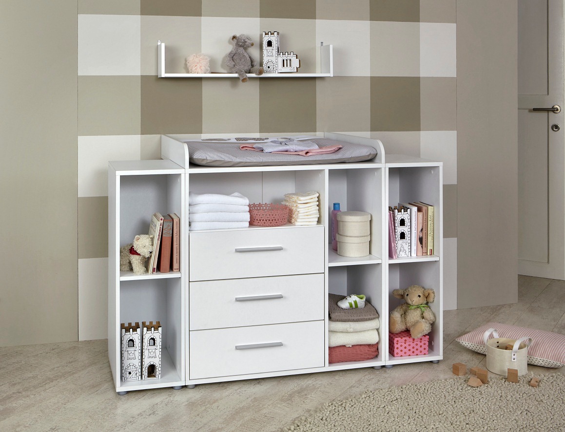 BMG Möbel Babyzimmer-Komplettset »Luis«, (Set, 7 St., Bett + Wickelkommode + 2-trg. Schrank + Standregal + Unterstellregal), Bett + Wickelkommode + 2-trg. Schrank + Standregal + Unterstellregal