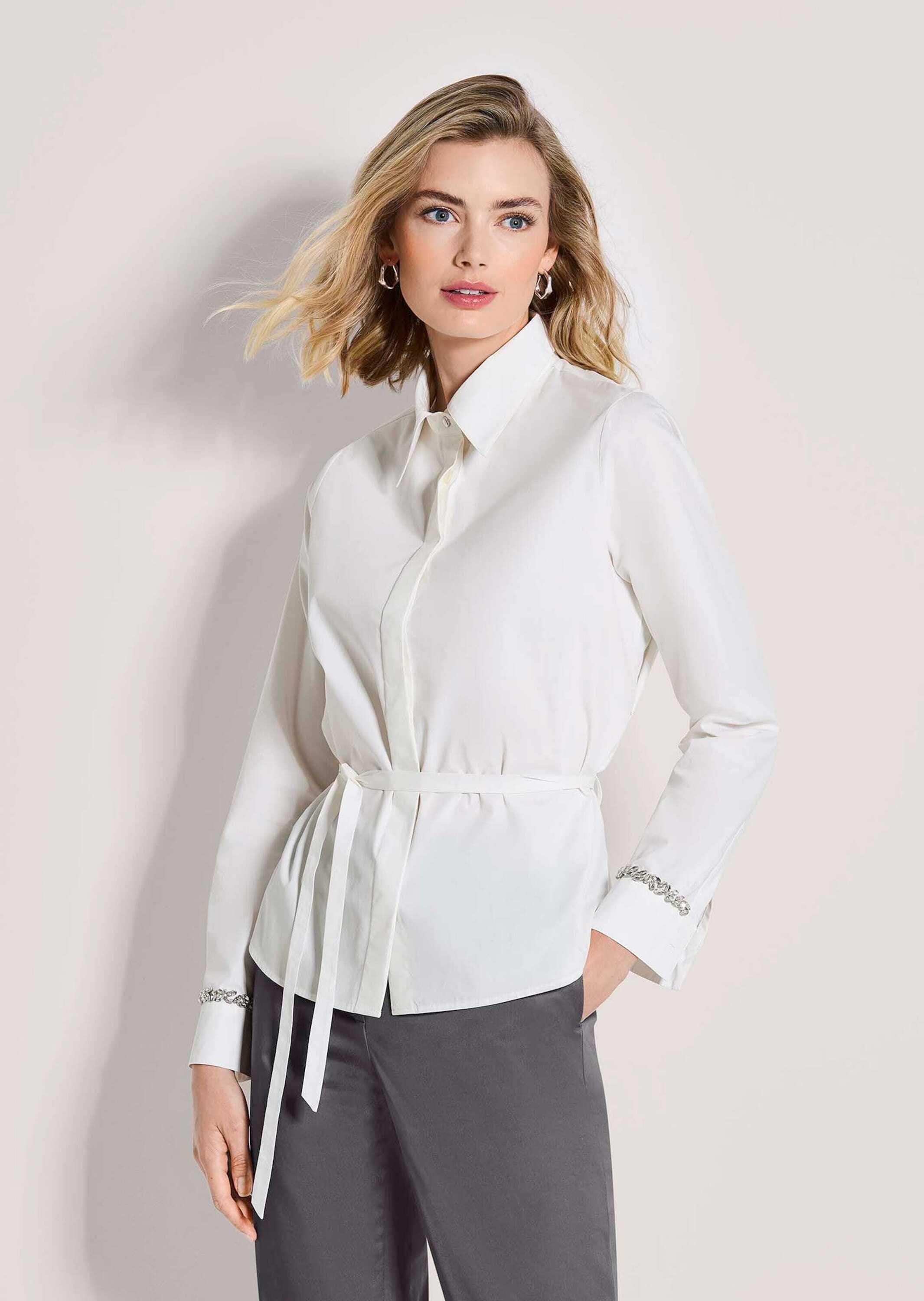 MADELEINE Langarmbluse »Hemdbluse Baumwollbluse mit Bindeband« Bluse mit dekorativen Strasssteinen auf der Manschette und Bindeband in der Taille