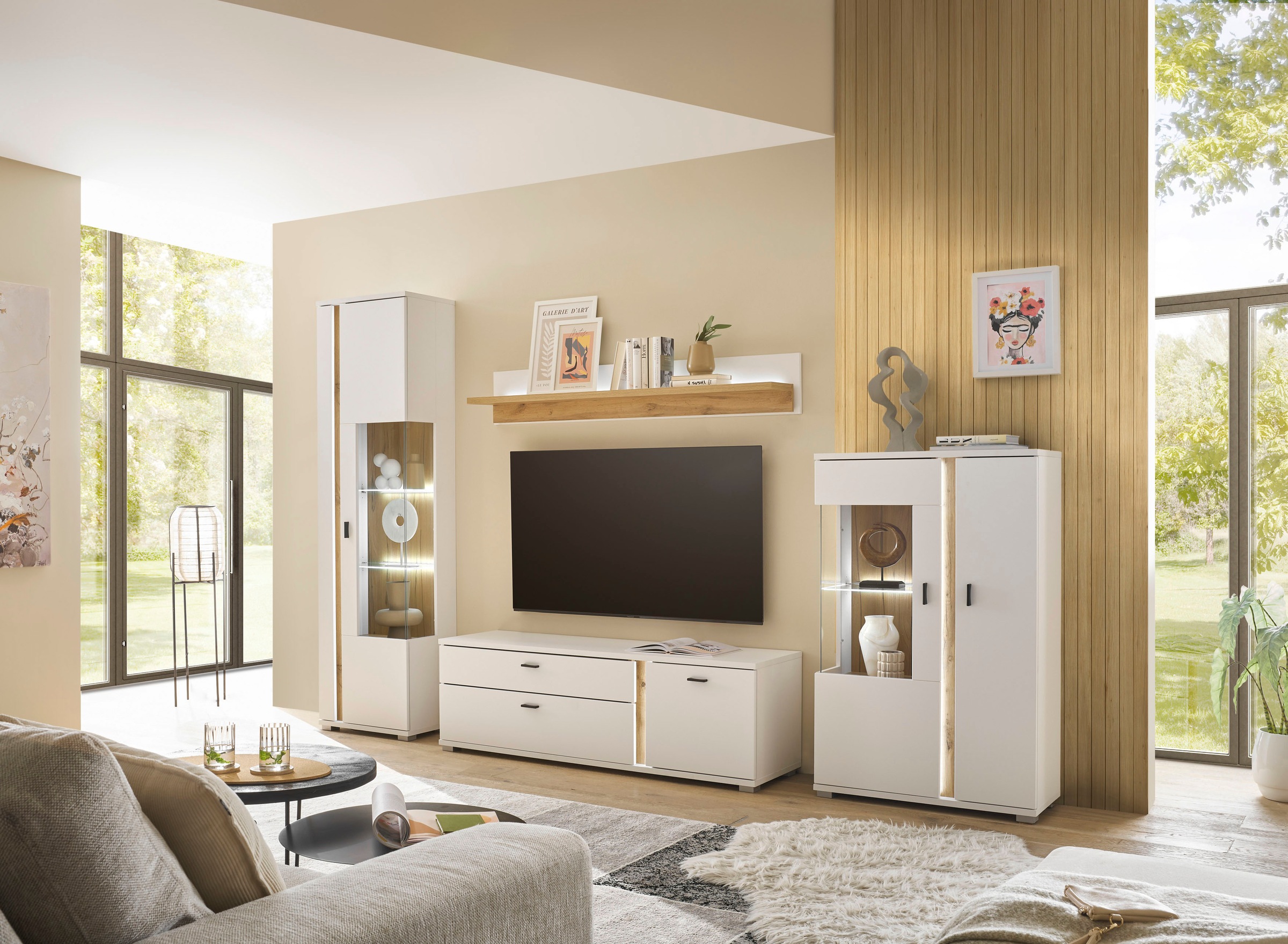 INOSIGN Wohnwand »LONG ISLAND«, (Set, 4 St.), in moderner Trendfarbe,inklusive senkrechter Beleuchtung,Breite 305 cm
