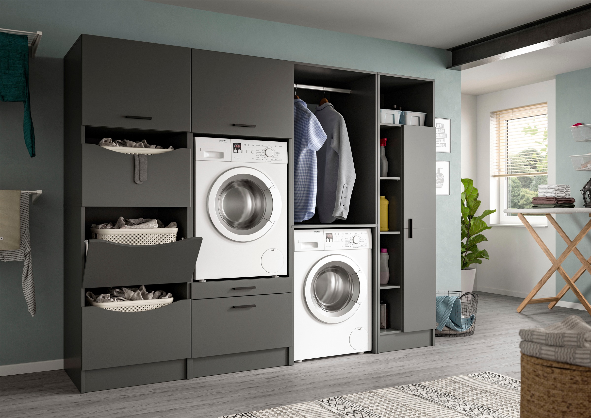 welltime Badmöbel-Set »FALAS, TOPSELLER!, 4-teilig, Hauswirtschaftsraum Set, Breite 248 cm«, (Set, 4 St., 1x Wäscheschrank, 2x Waschmaschinenumbauschrank & 1xMehrzweckschrank), Kombination, Waschmaschinenumbau, Waschmaschinenschrank, Wäschekammer