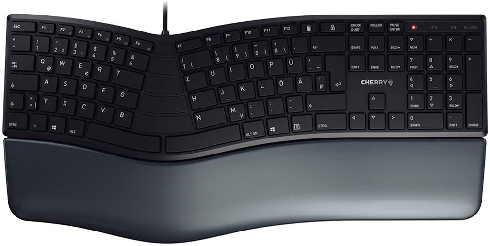 Cherry Tastatur »KC 4500 ERGO Kabelgebundene Ergonomische Tastatur, Schwarz, USB« (Fn-Tasten | Funktionstasten | Handgelenkauflage | Lautstärkeregler | Multimedia-Tasten | Ziffernblock | ergonomische Form | verstellbare Füße)