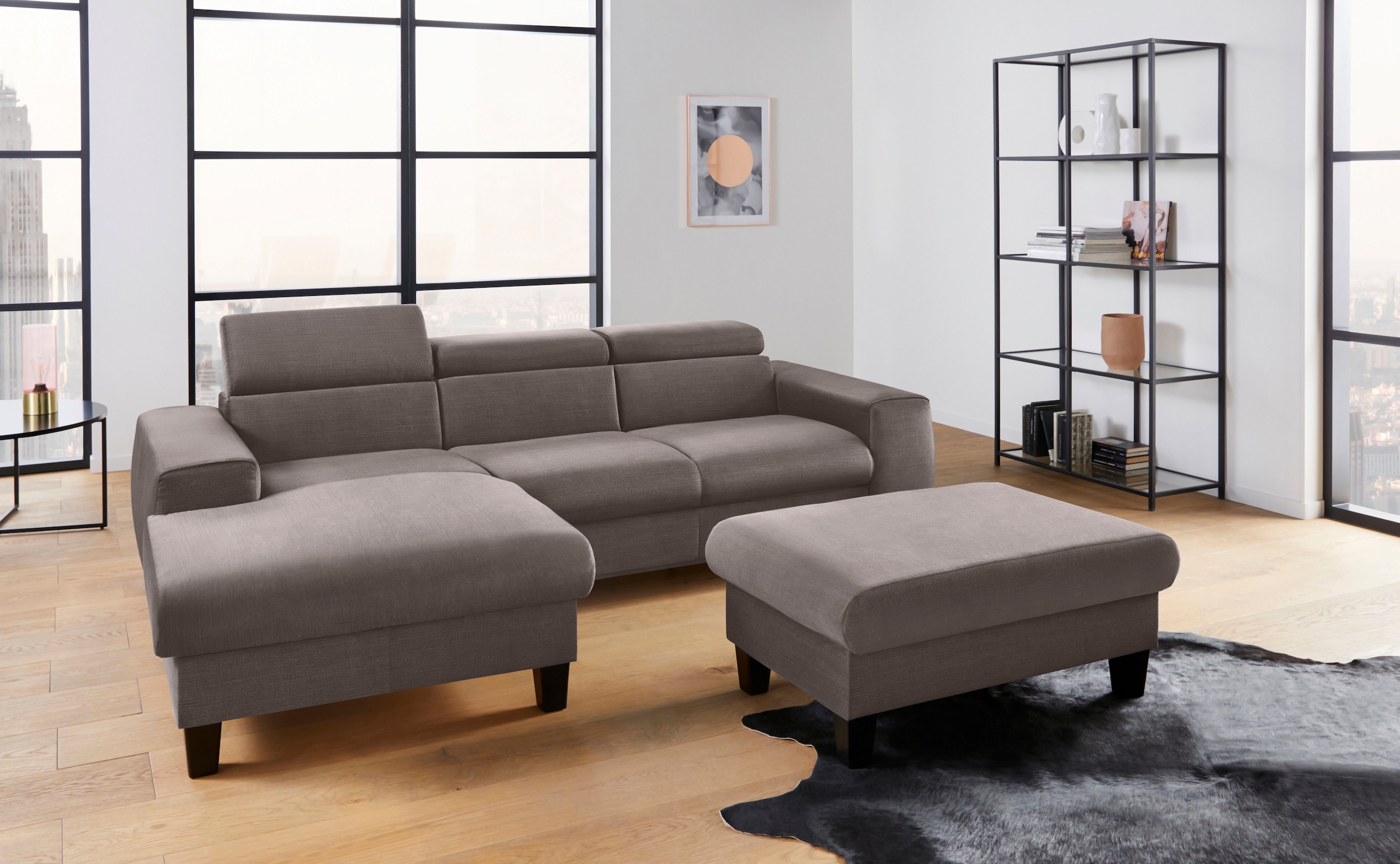 COTTA Polstergarnitur »Morven«, (Set), Set: bestehend aus Ecksofa und Hocker, Kopfteilverstellung