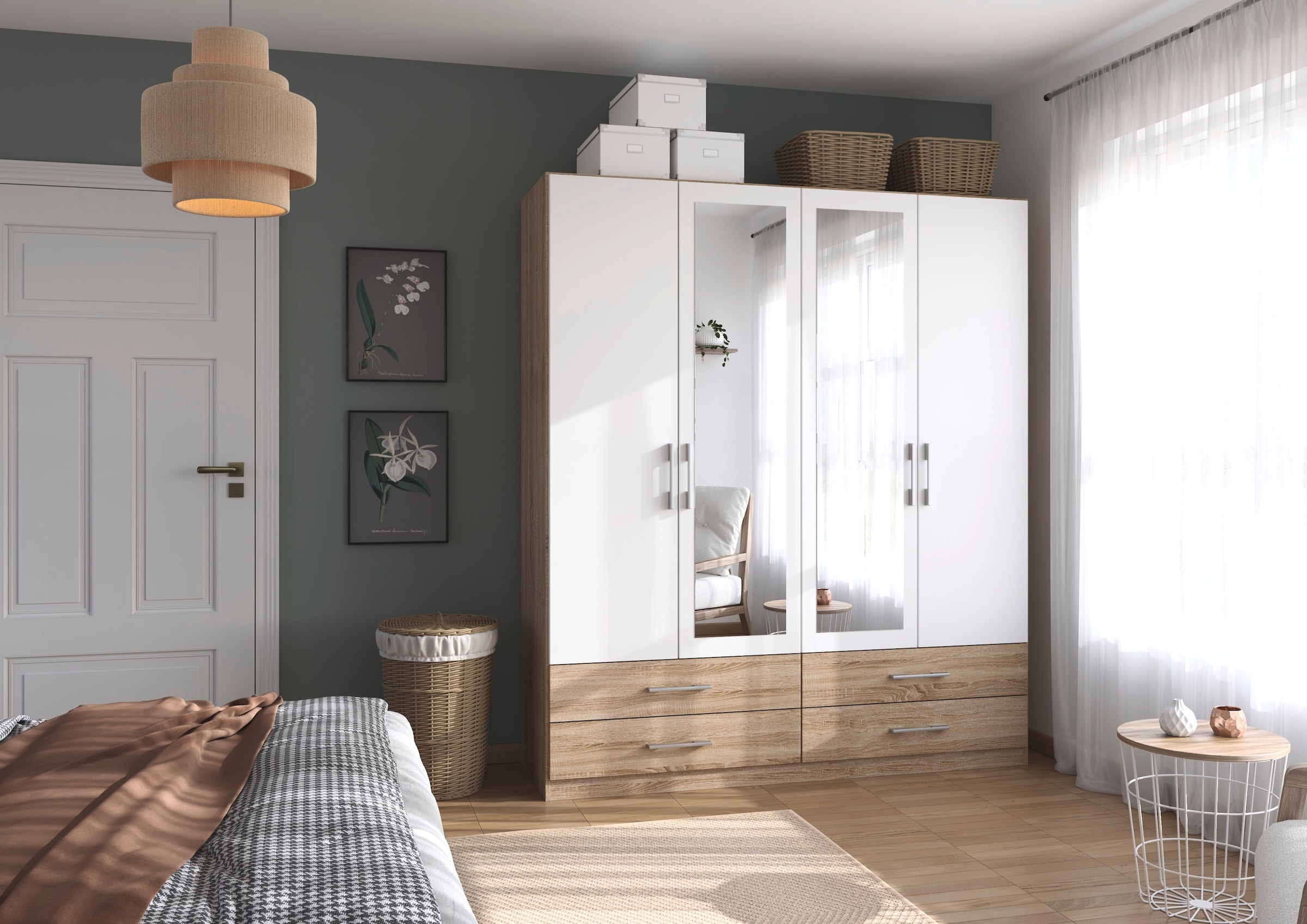 rauch Kleiderschrank »Schrank Garderobenschrank Mehrzweckschrank Schlafzimmer HERSBRUCK« 3 verschiedene Ausstattungen BASIC/CLASSIC/PREMIUM (inkl. SOFT-CLOSE),  mit großzügigen Schubladen sowie Spiegeltüren MADE IN GERMANY