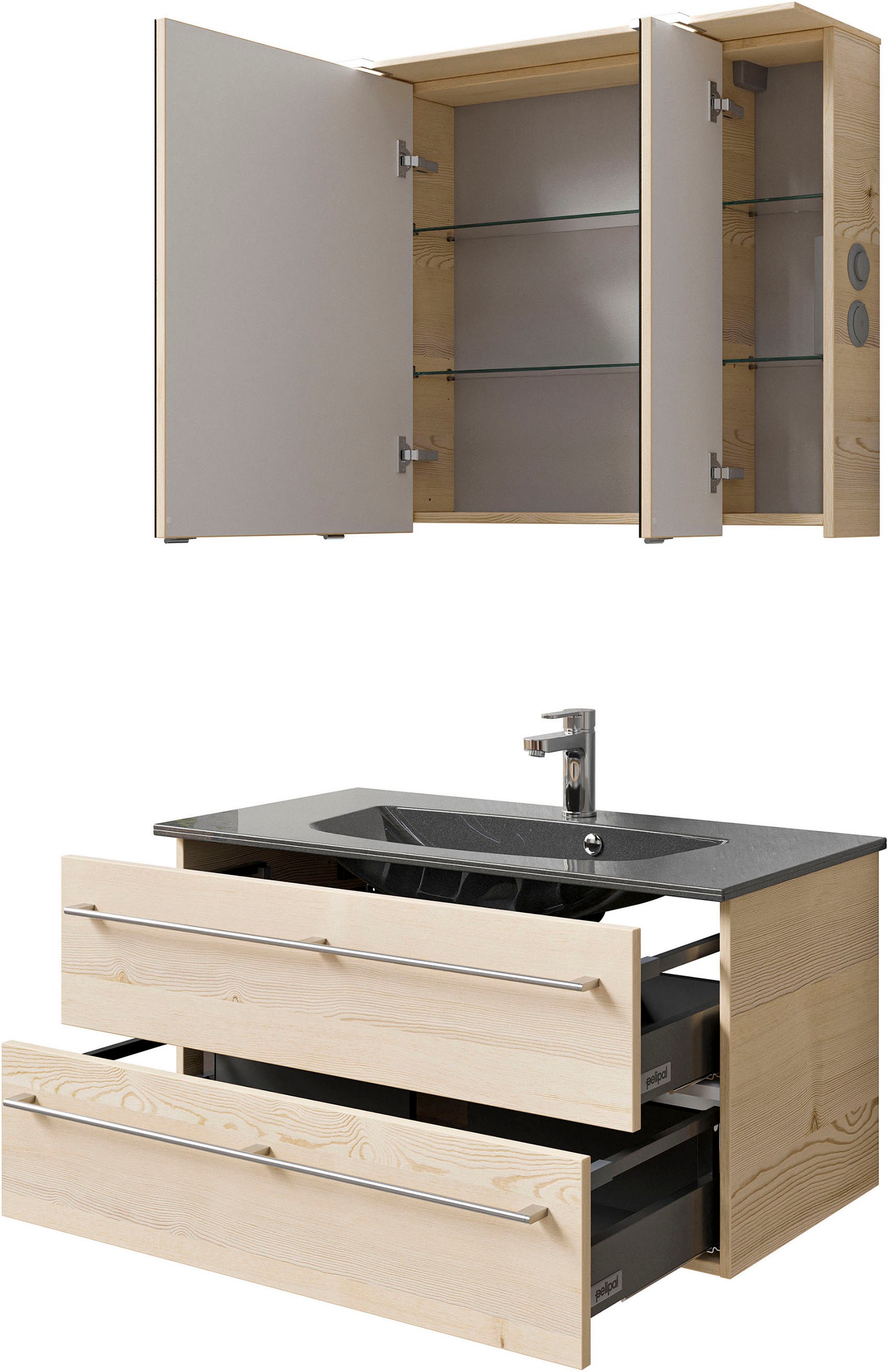 Saphir Badmöbel-Set »Serie 6025 2-teilig Mineralmarmor-Waschtisch mit LED-Spiegelschrank«, (2 St.), Waschplatz 97 cm breit, 2 Schubladen, 3 Spiegel-Türen, inkl Türdämpfer