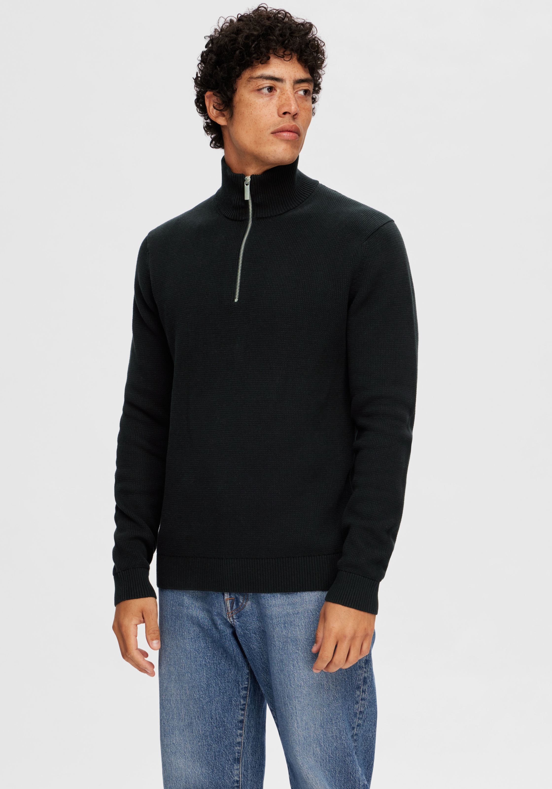 SELECTED Troyer "SLHDANE LS KNIT STRUCTURE HALF ZIP NOOS" Baumwolle, regula günstig online kaufen