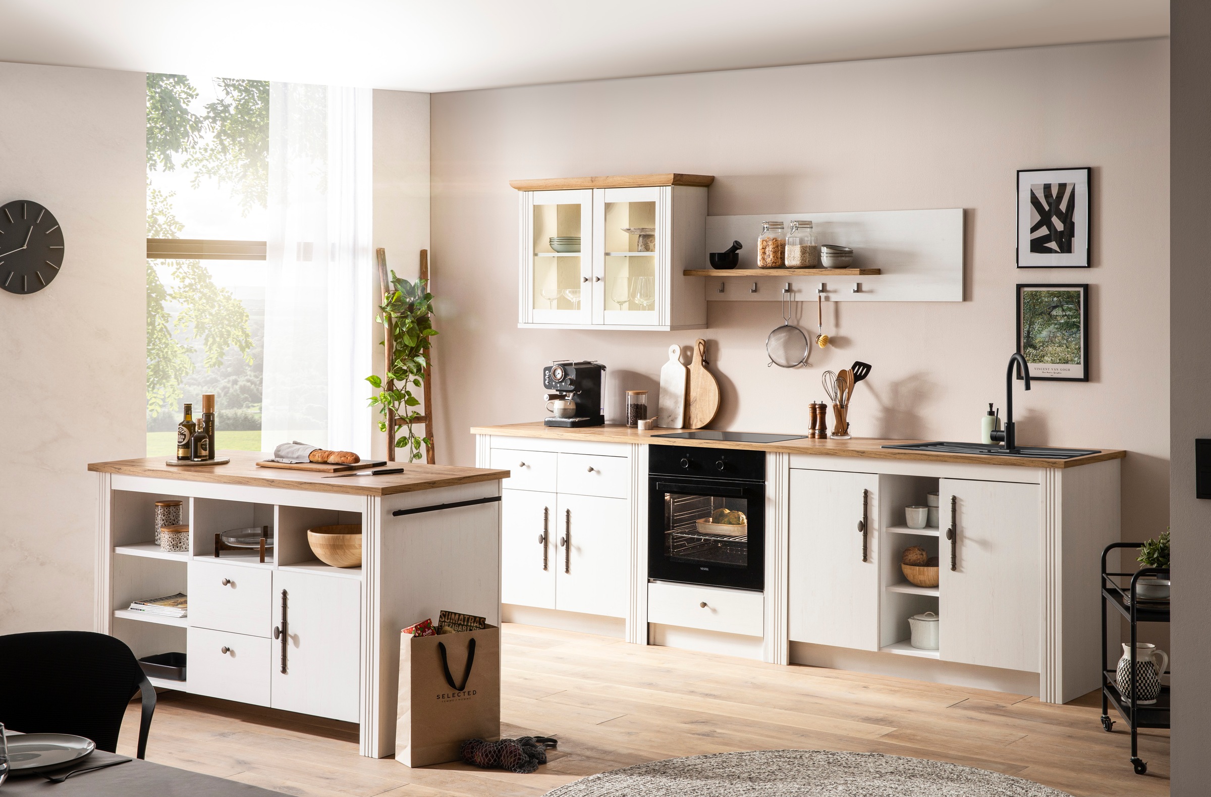 KOCHSTATION Küchenzeile »KS-Westminster, Pantryküche im Landhaus Stil, hochwertige Metallgriffe«, (Set), Breite 294 cm, Kommoden, Wandpaneel, Hängeschrank, Herdumbau