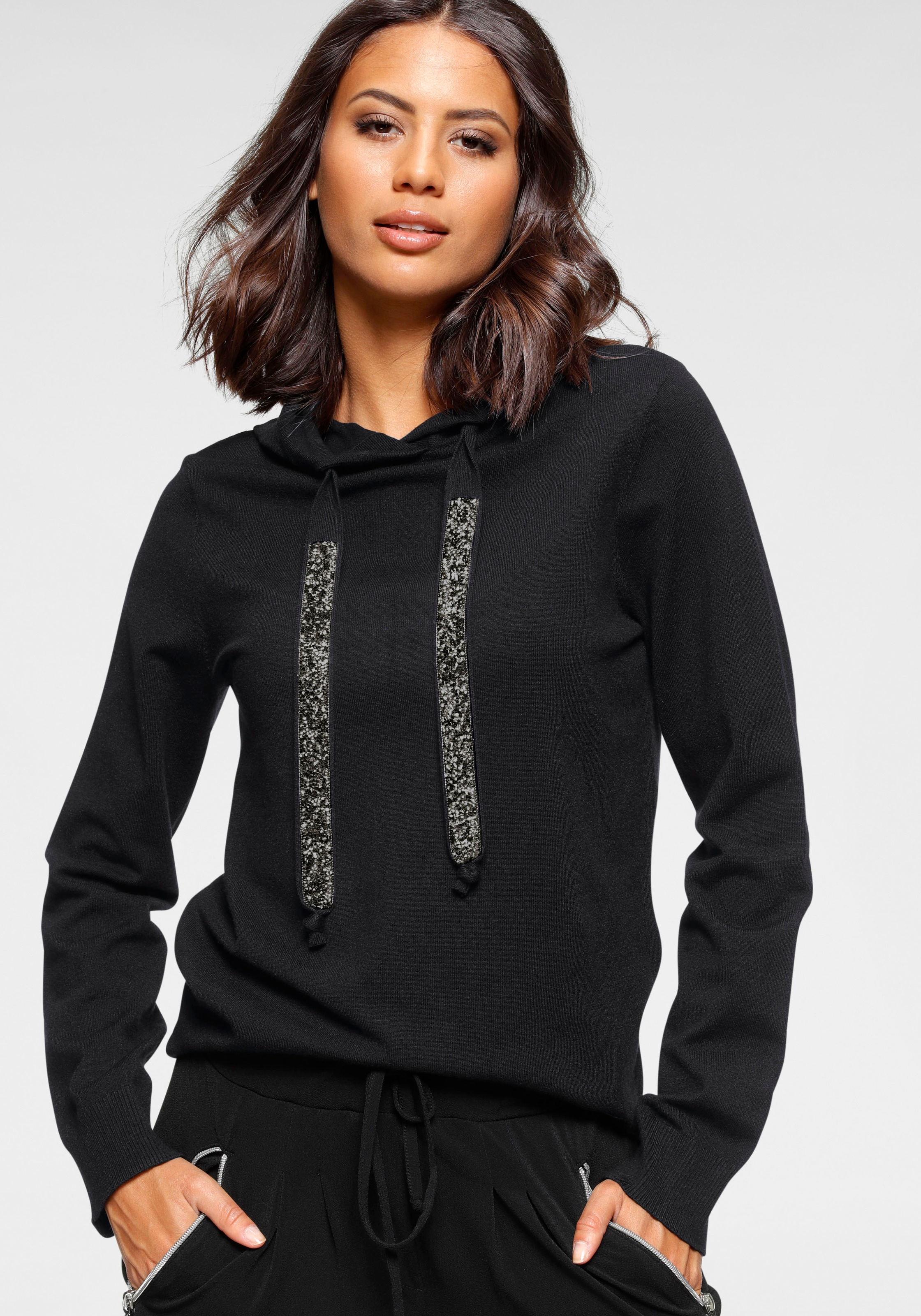 Laura Scott Strickpullover, mit Kapuze und glitzernden Bändern günstig online kaufen