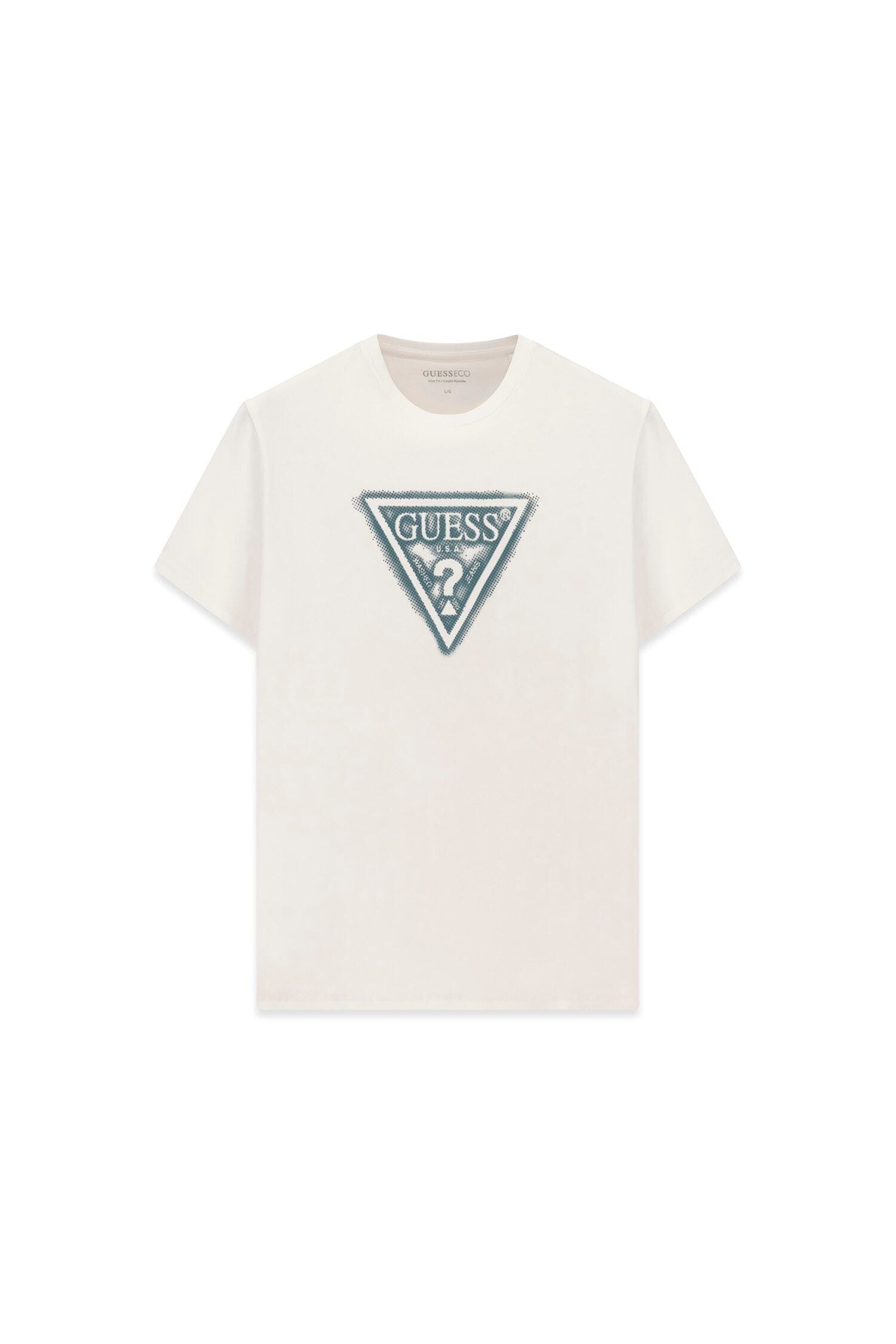 Guess T-Shirt "TRIANGLE SPRAY TEE" Rundhalsausschnitt, Baumwoll-Mix, Slim Fit